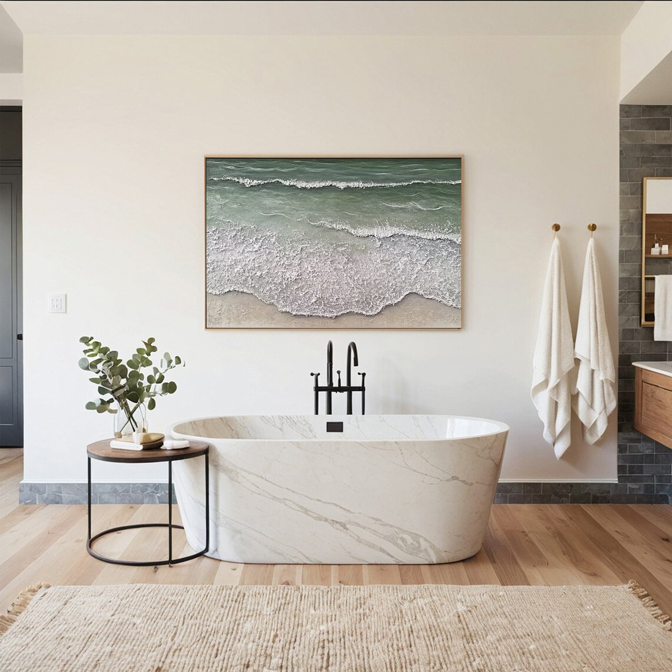 Large Green & White Sea Wave Textured Wall Art #OS 050