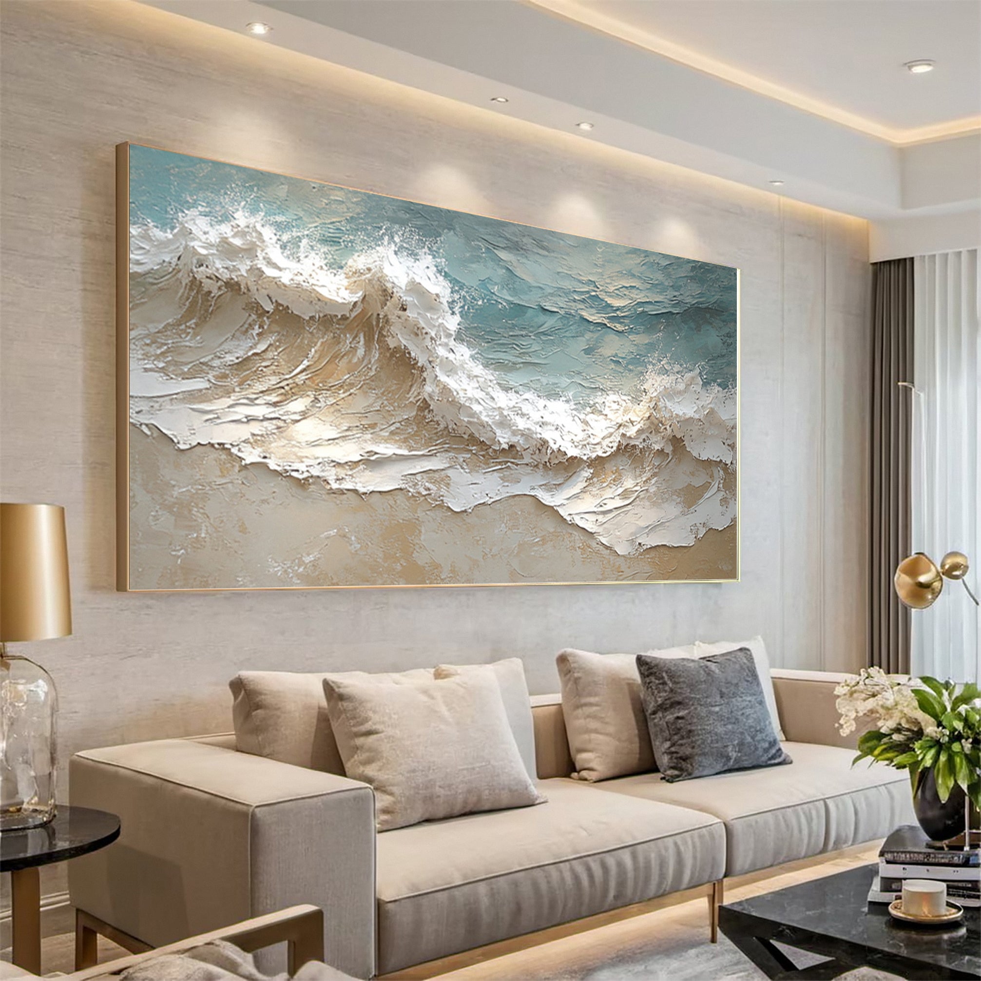 Modern 3D Ocean Wave Canvas Gold Frame Art #AG 039