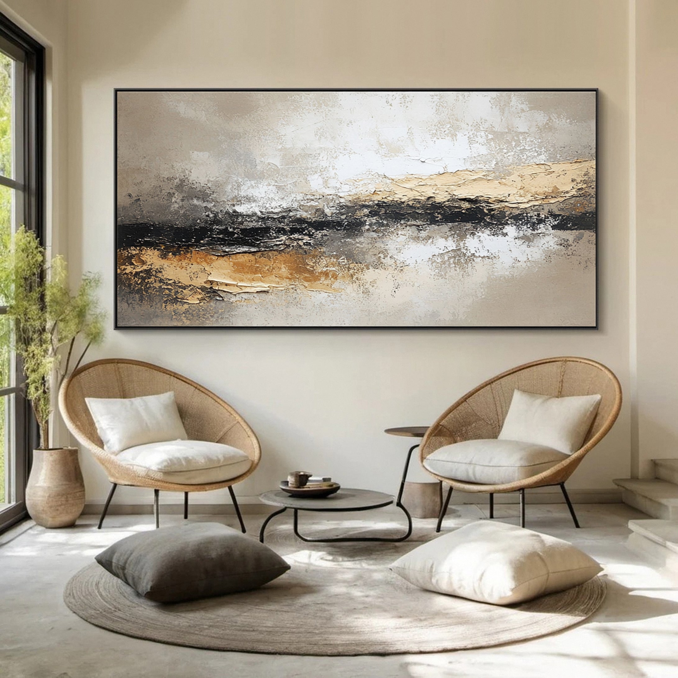 Large Beige & Black Abstract Wall Art For Living Room Decor #AP 027