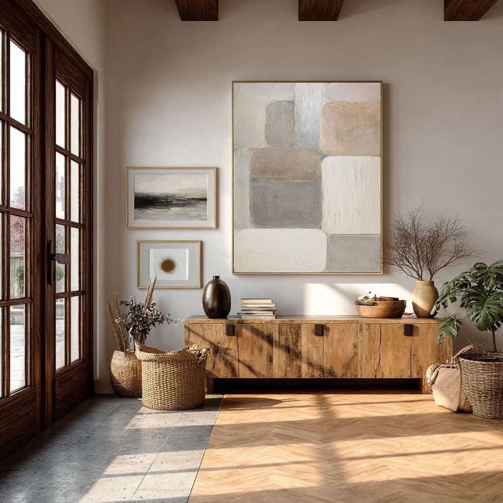 Large Beige & Gray Block Abstract Painting #AG 016