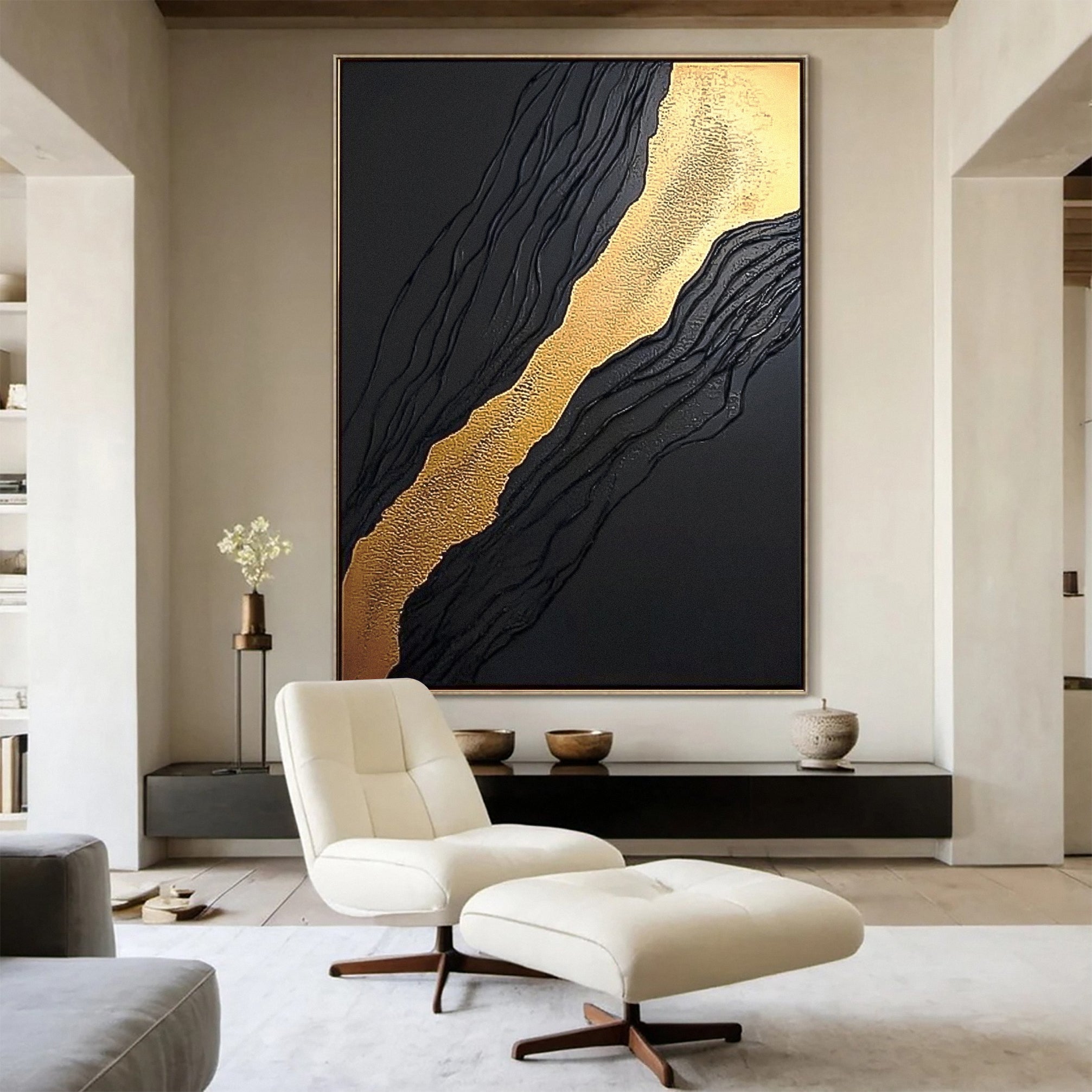 Golden Sway Chic Black and Gold Large Textured Wall Art #MMA 130