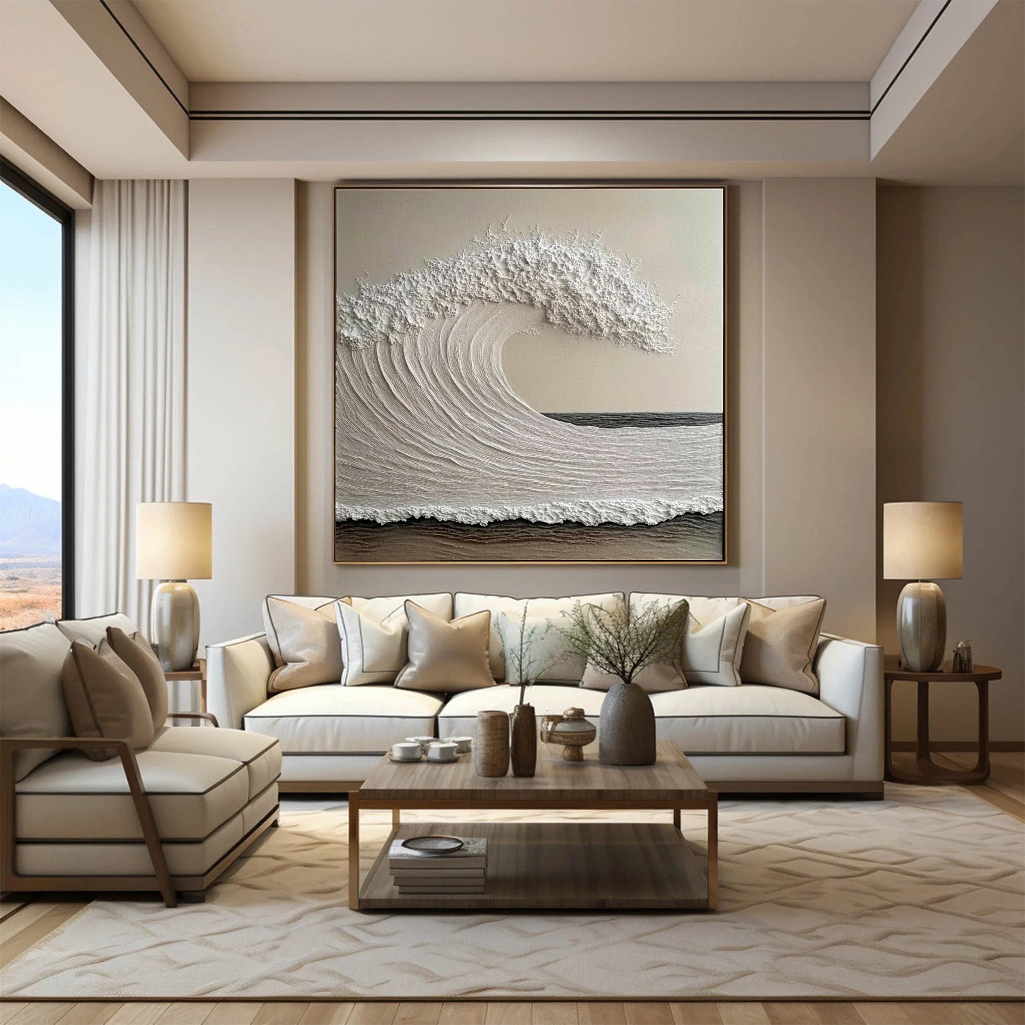 Neutral Toned Wave Large Ocean Textured Wall Art #OS 047