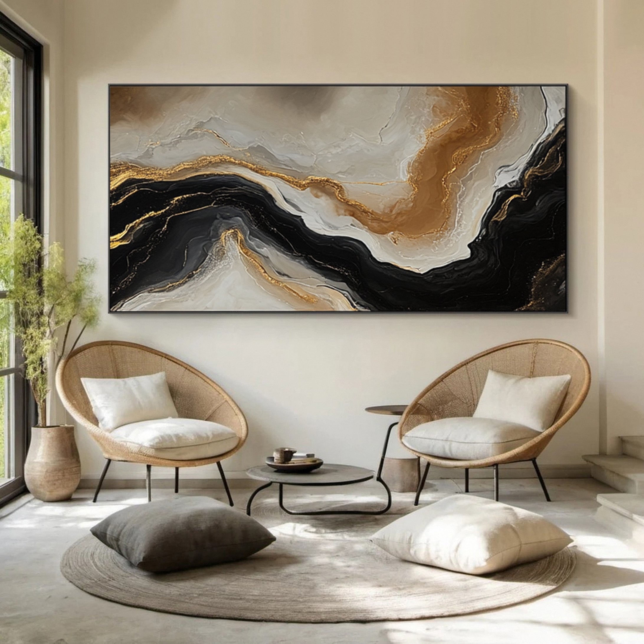 Large Beige & Black Abstract Wall Art For Living Room Decor #AP 056