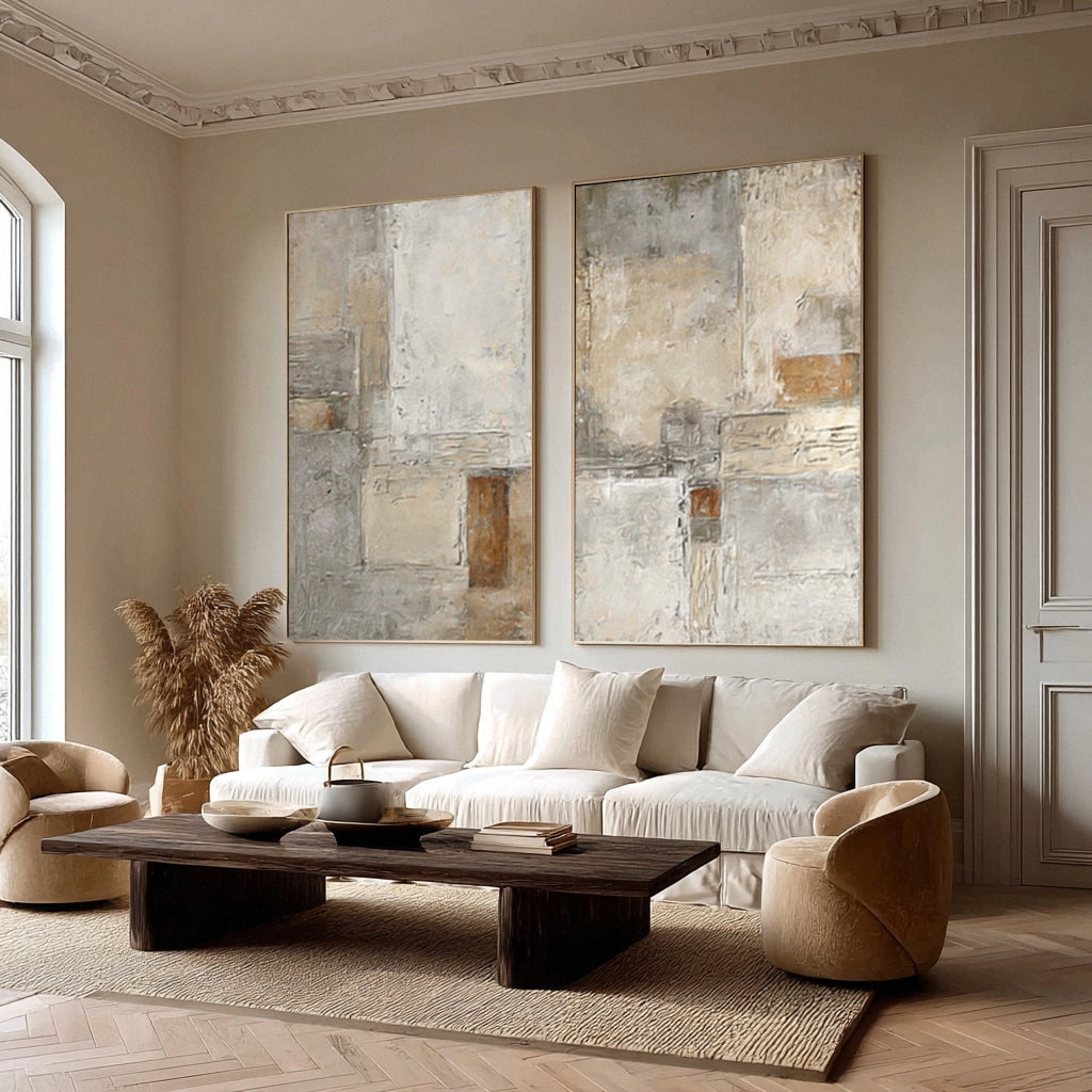 Oversized Beige & Gray Textured Canvas Panels Set Of 2 #AG 015