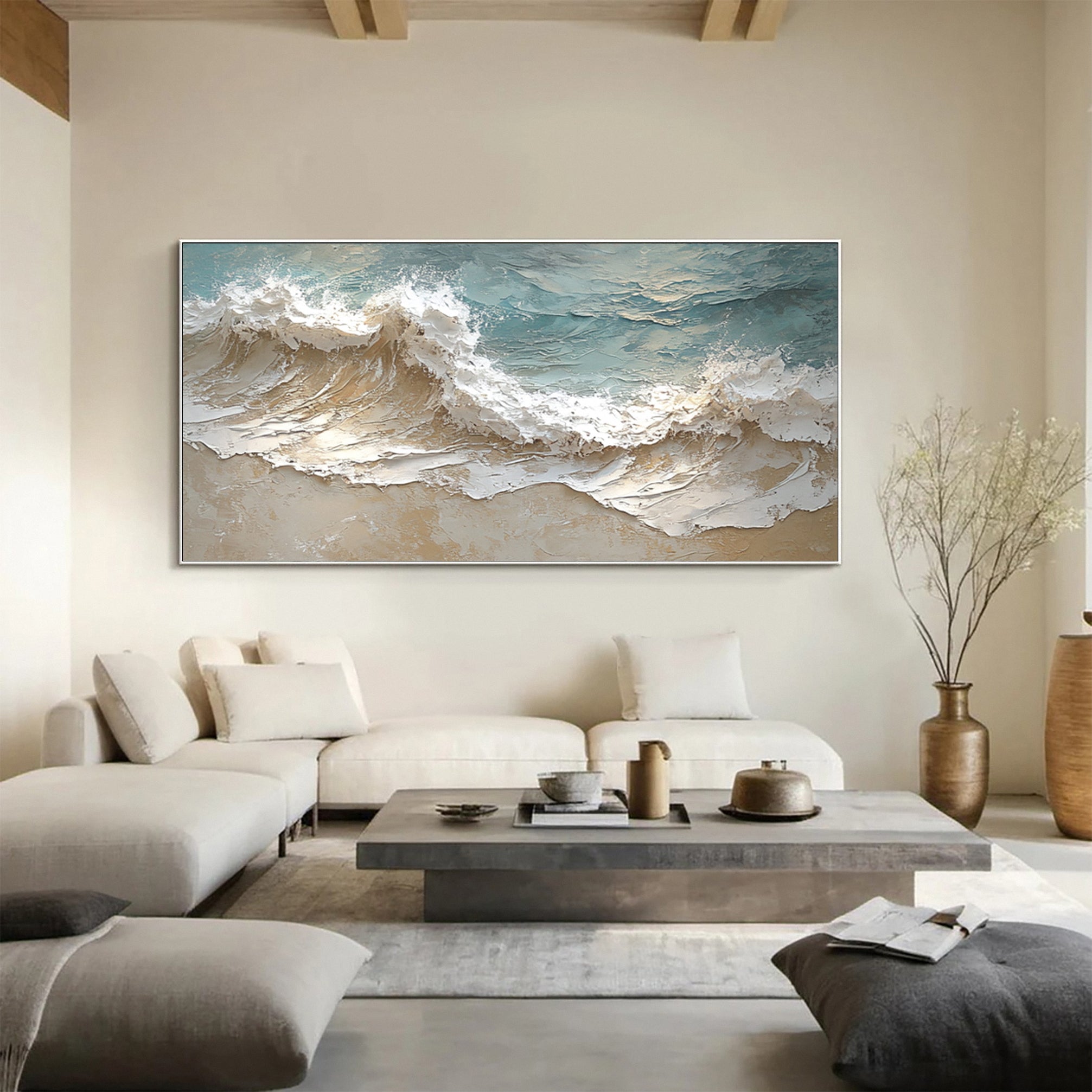 Modern 3D Ocean Wave Canvas Gold Frame Art #AG 039
