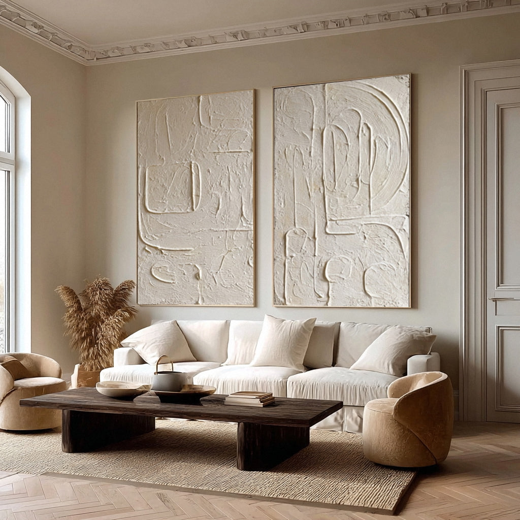 Oversized White Impasto Paintings for Minimalist Chic Set Of 2 #AG 013