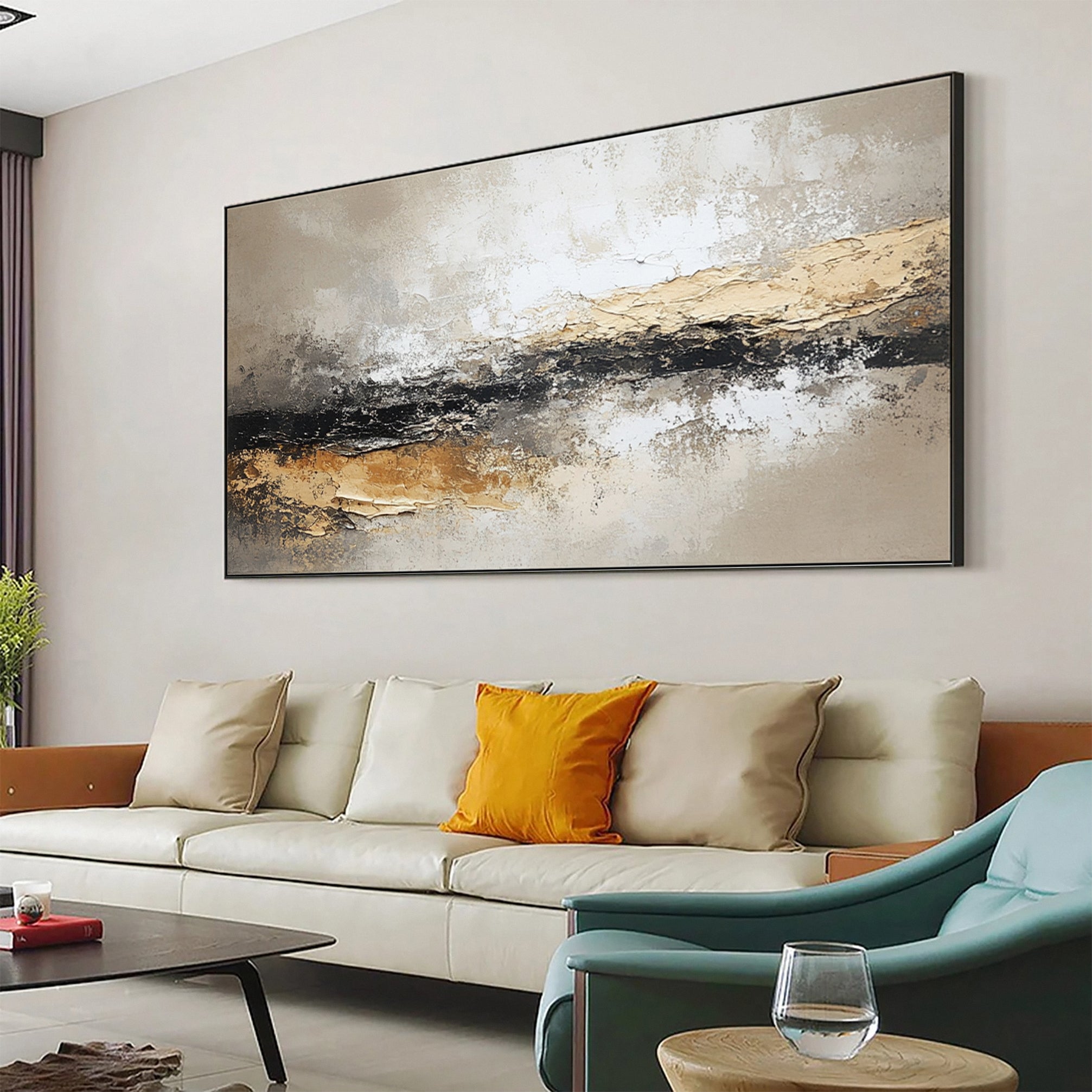 Large Beige & Black Abstract Wall Art For Living Room Decor #AP 027