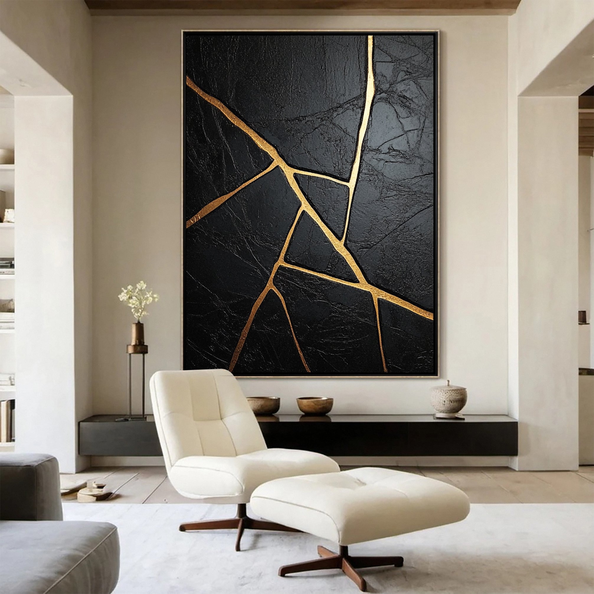Golden Cracks Black Modern Abstract Art for Elegant Interiors #MMA 108