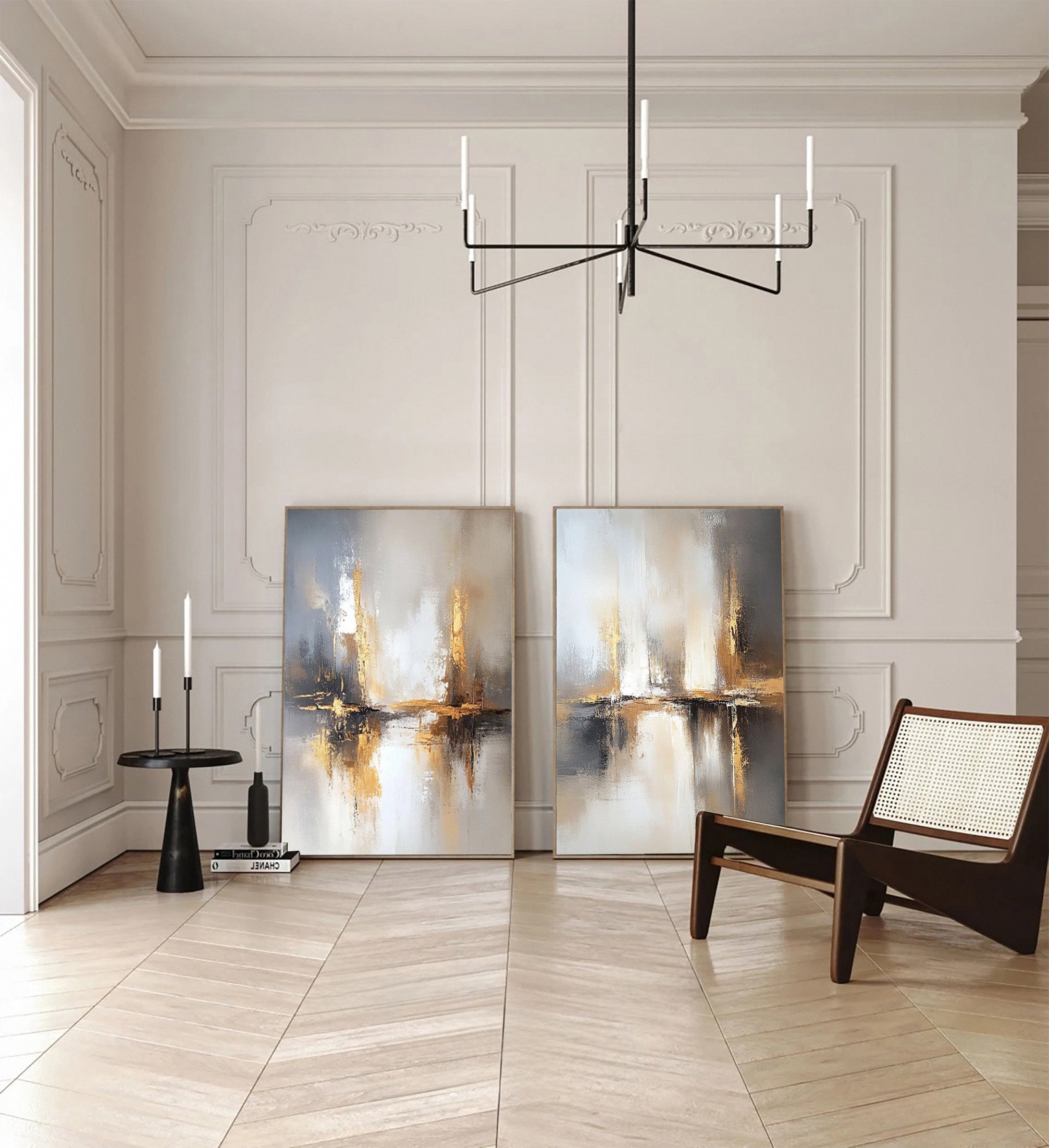 Golden Reflections Luxurious Large Abstract Art Set Of 2 #APS 003
