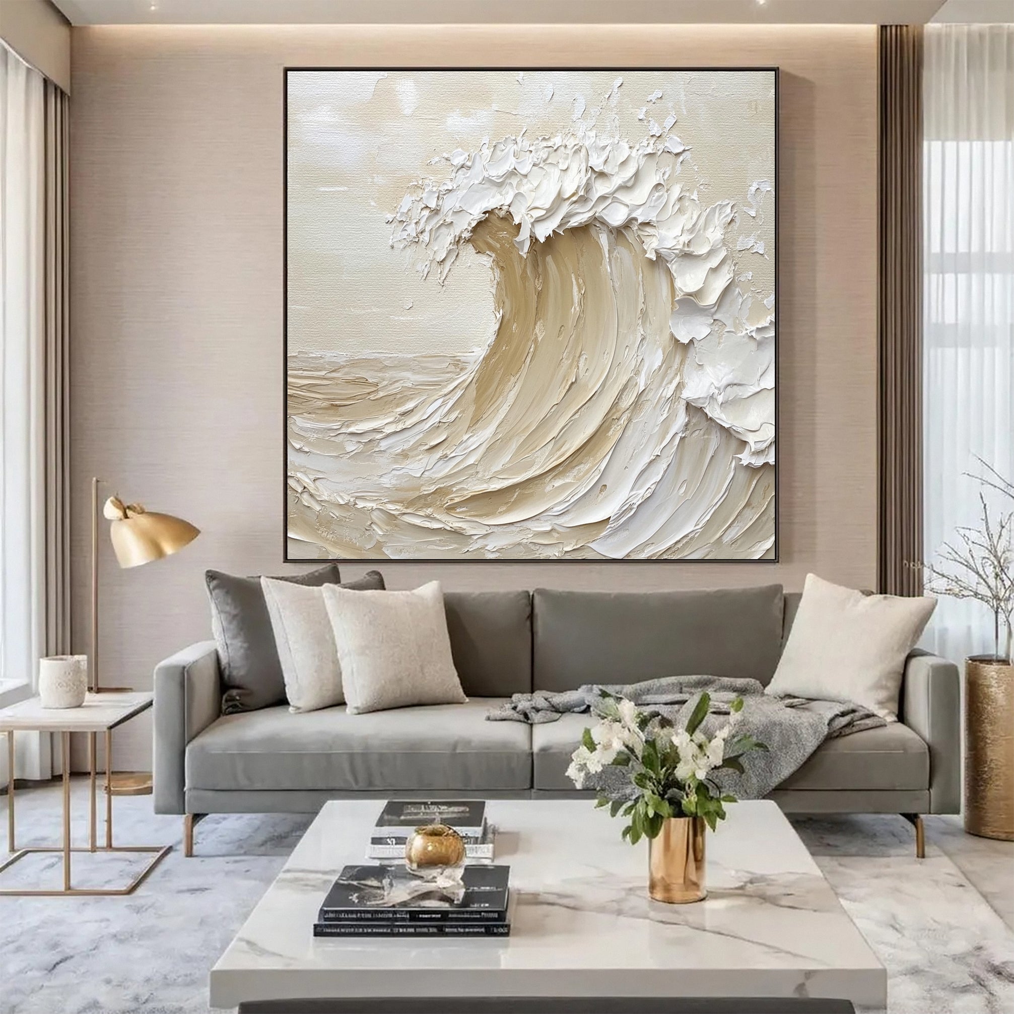 Neutral Toned Wave Large Ocean Textured Wall Art #OS 046