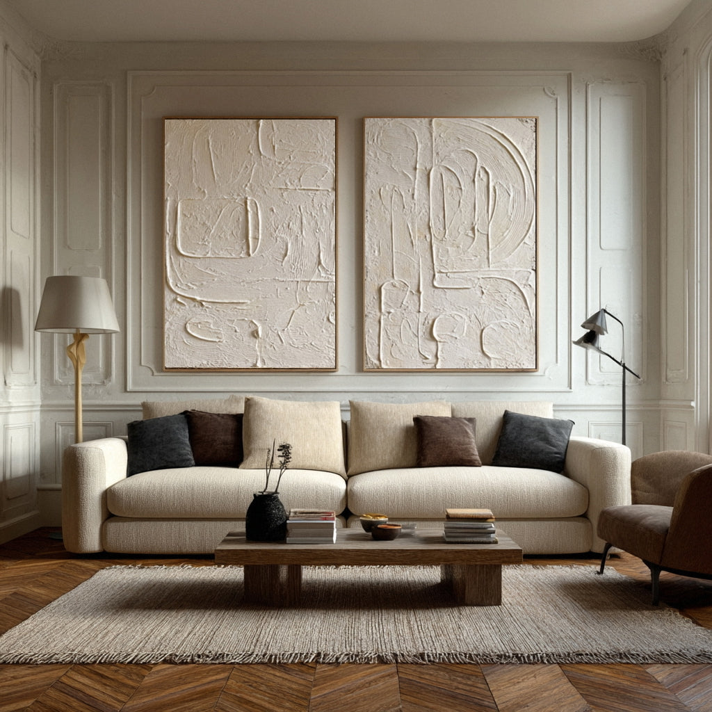 Oversized White Impasto Paintings for Minimalist Chic Set Of 2 #AG 013
