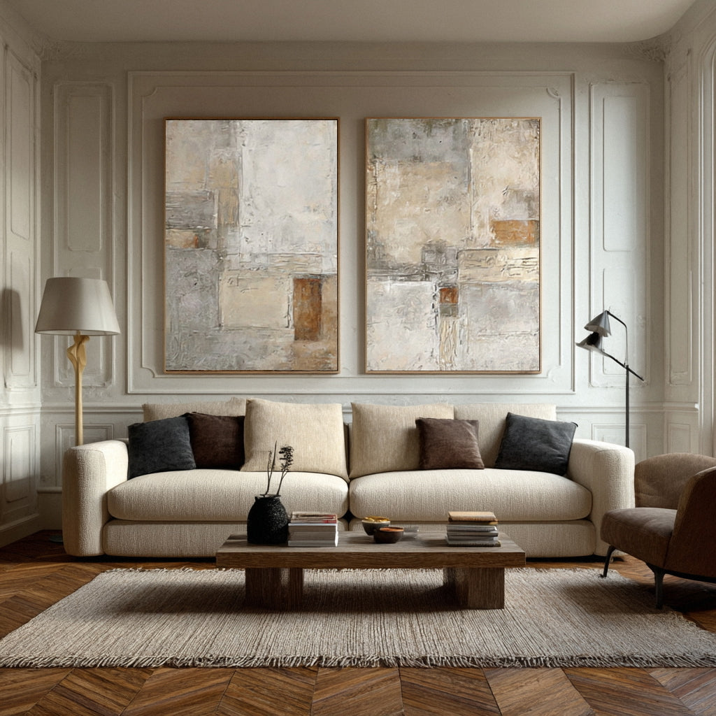 Oversized Beige & Gray Textured Canvas Panels Set Of 2 #AG 015