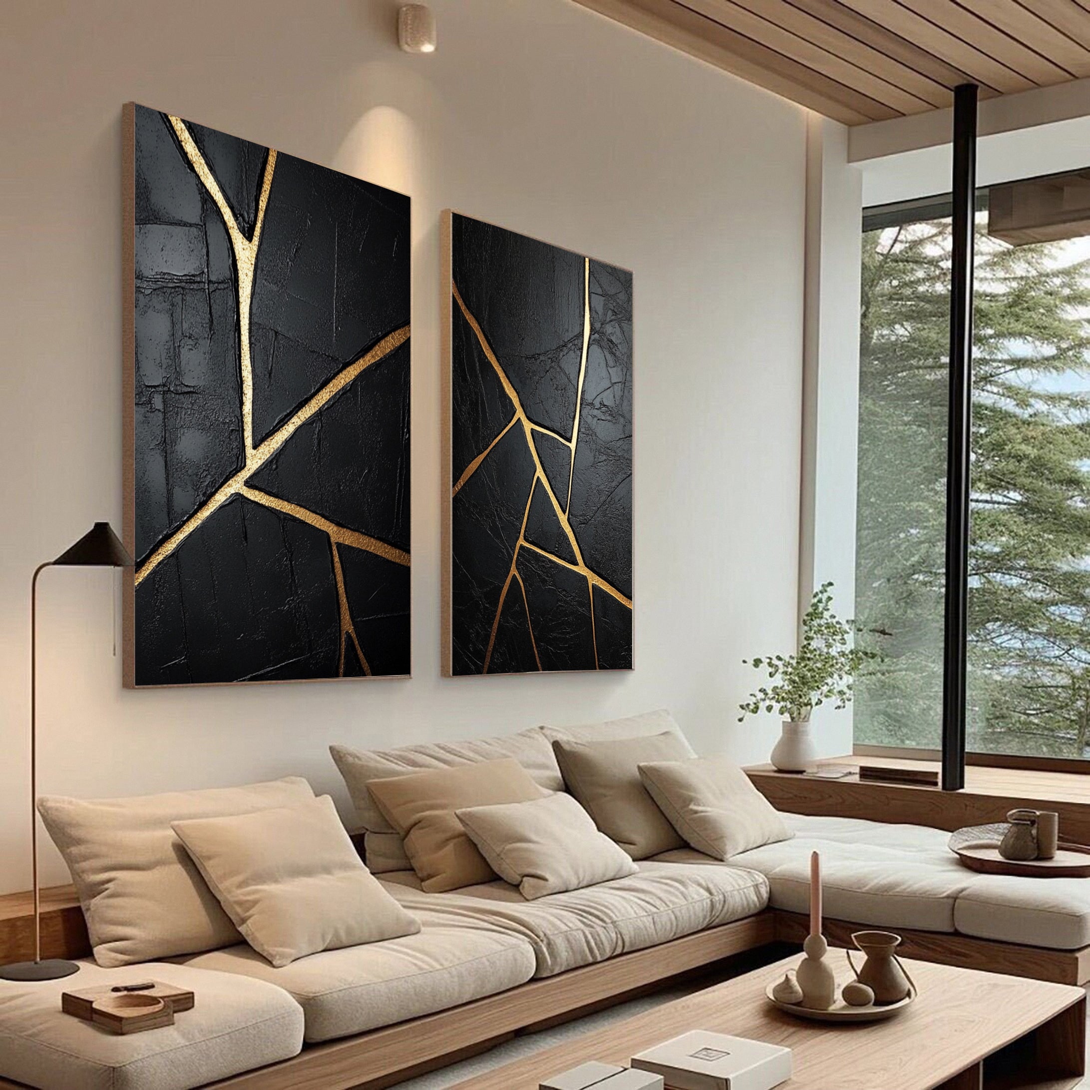 Luxurious Depths Black & Gold Abstract Canvas Art Set Of 2 #MMAS 052