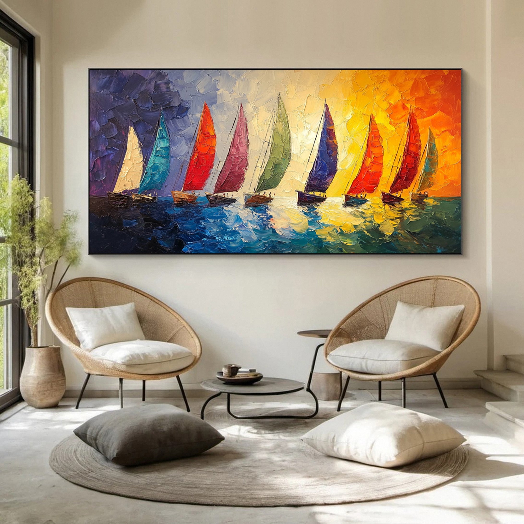 Colorful Regatta Textured Sailboat Painting Sunset Wall Art #MMA 158
