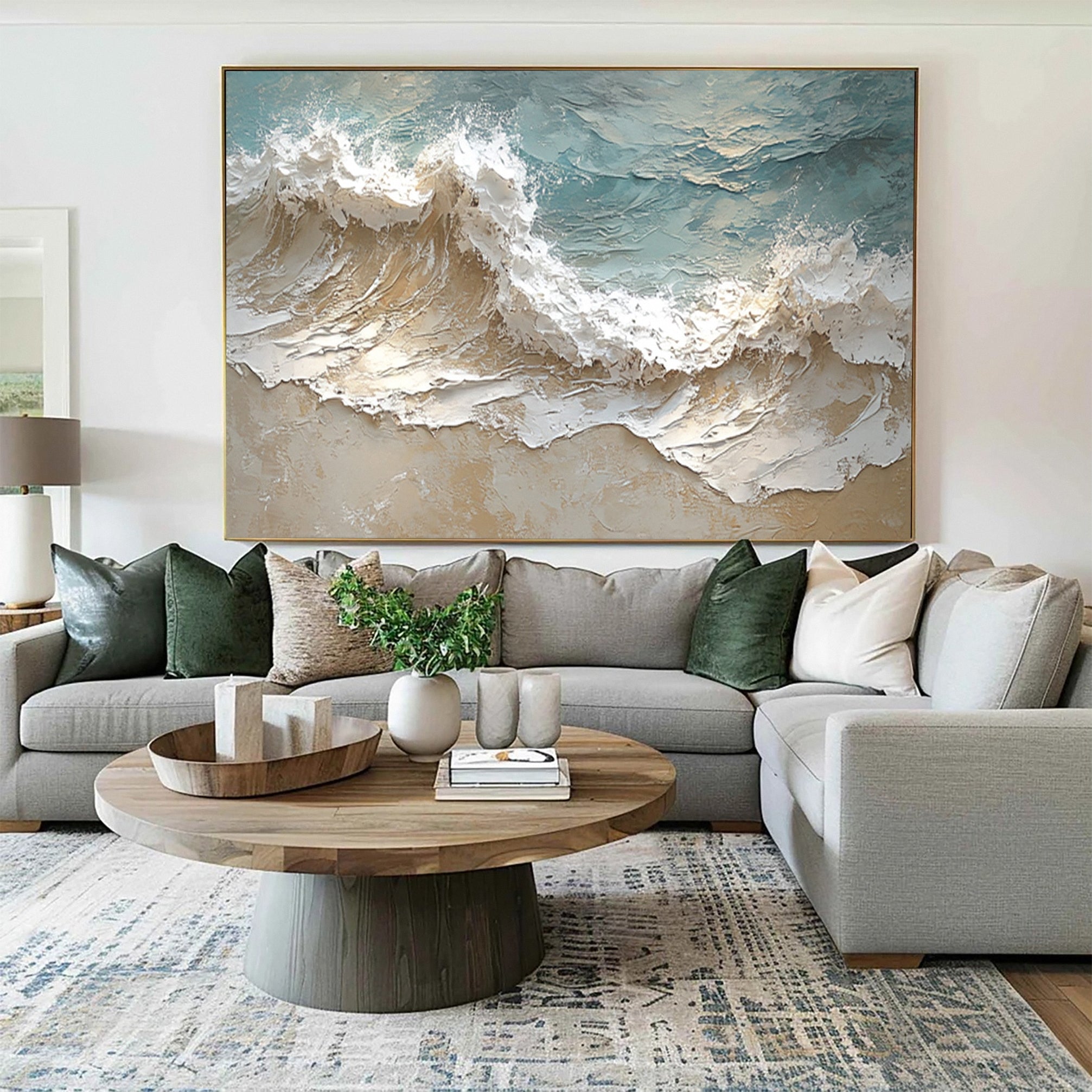 Modern 3D Ocean Wave Canvas Gold Frame Art #AG 039