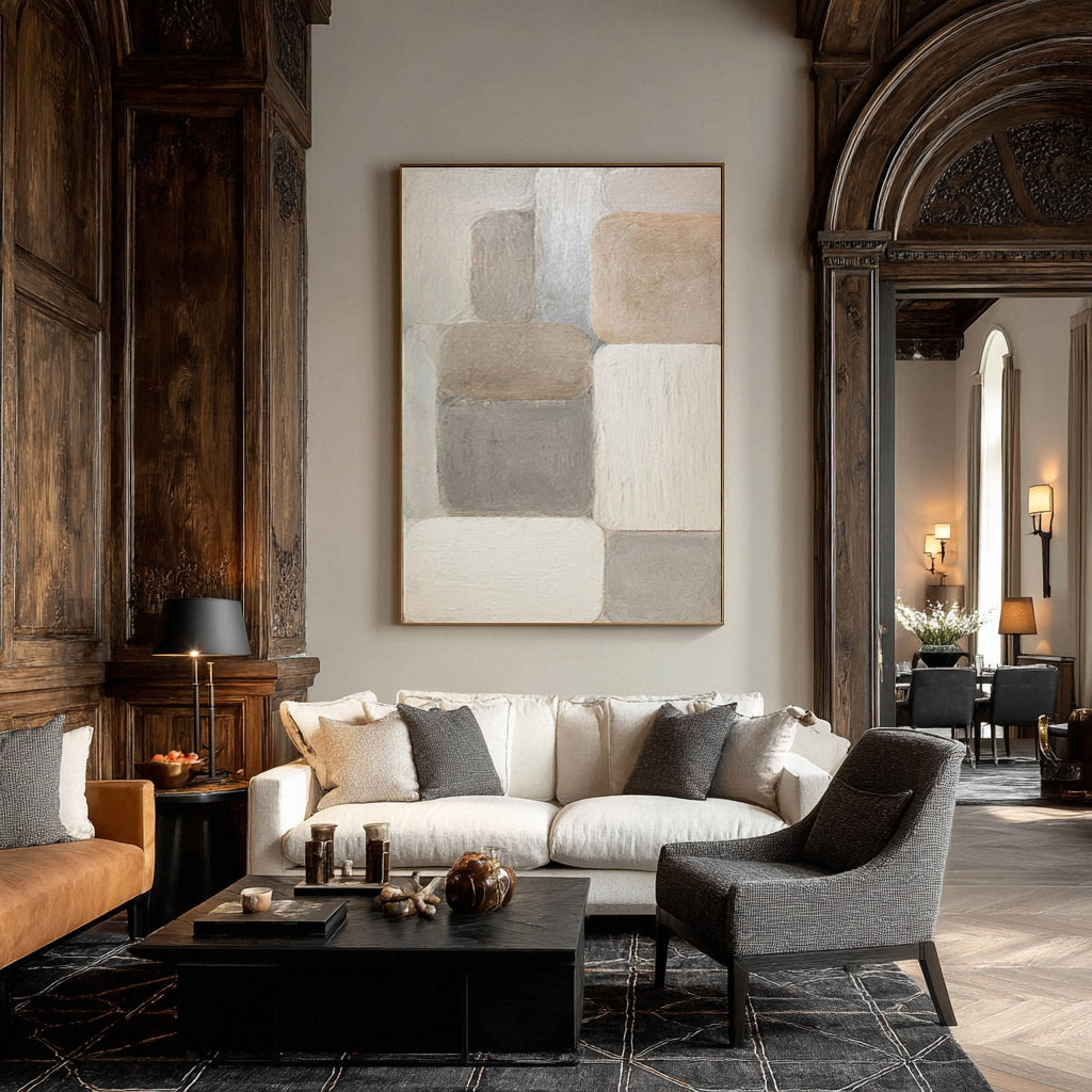 Large Beige & Gray Block Abstract Painting #AG 016