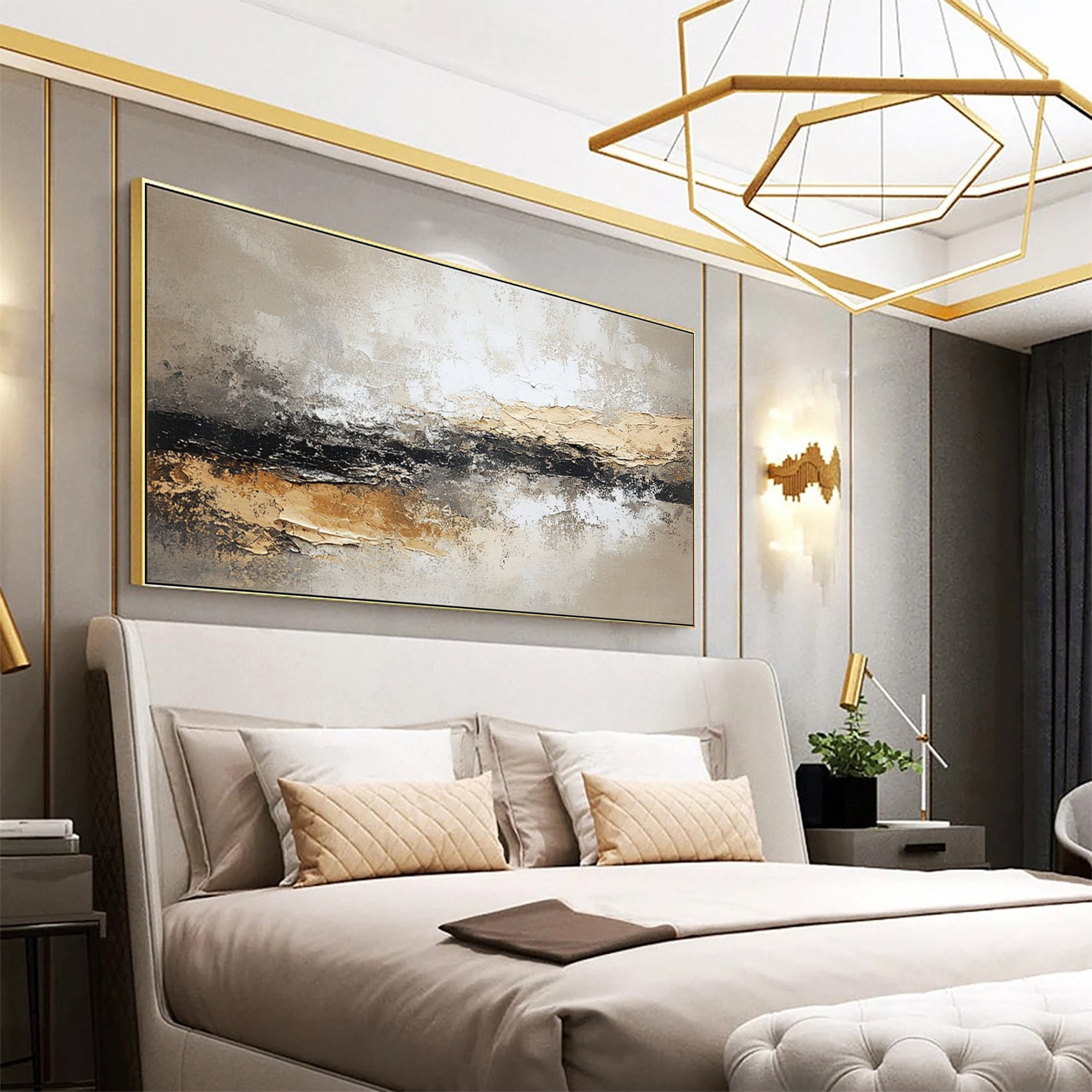 Large Beige & Black Abstract Wall Art For Living Room Decor #AP 027