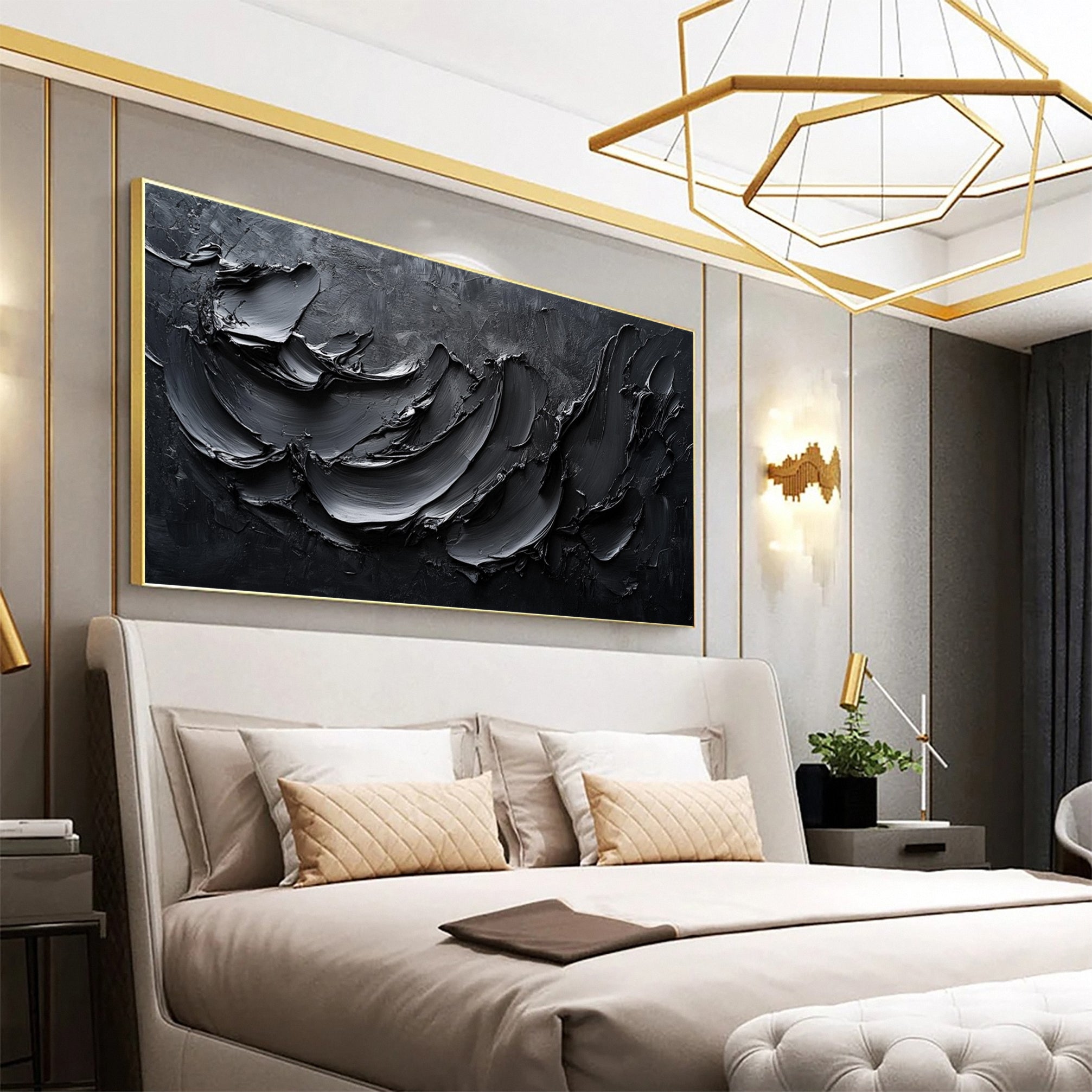 Luxurious Depths Large Black Textured Abstract Canvas Art #MMA 111