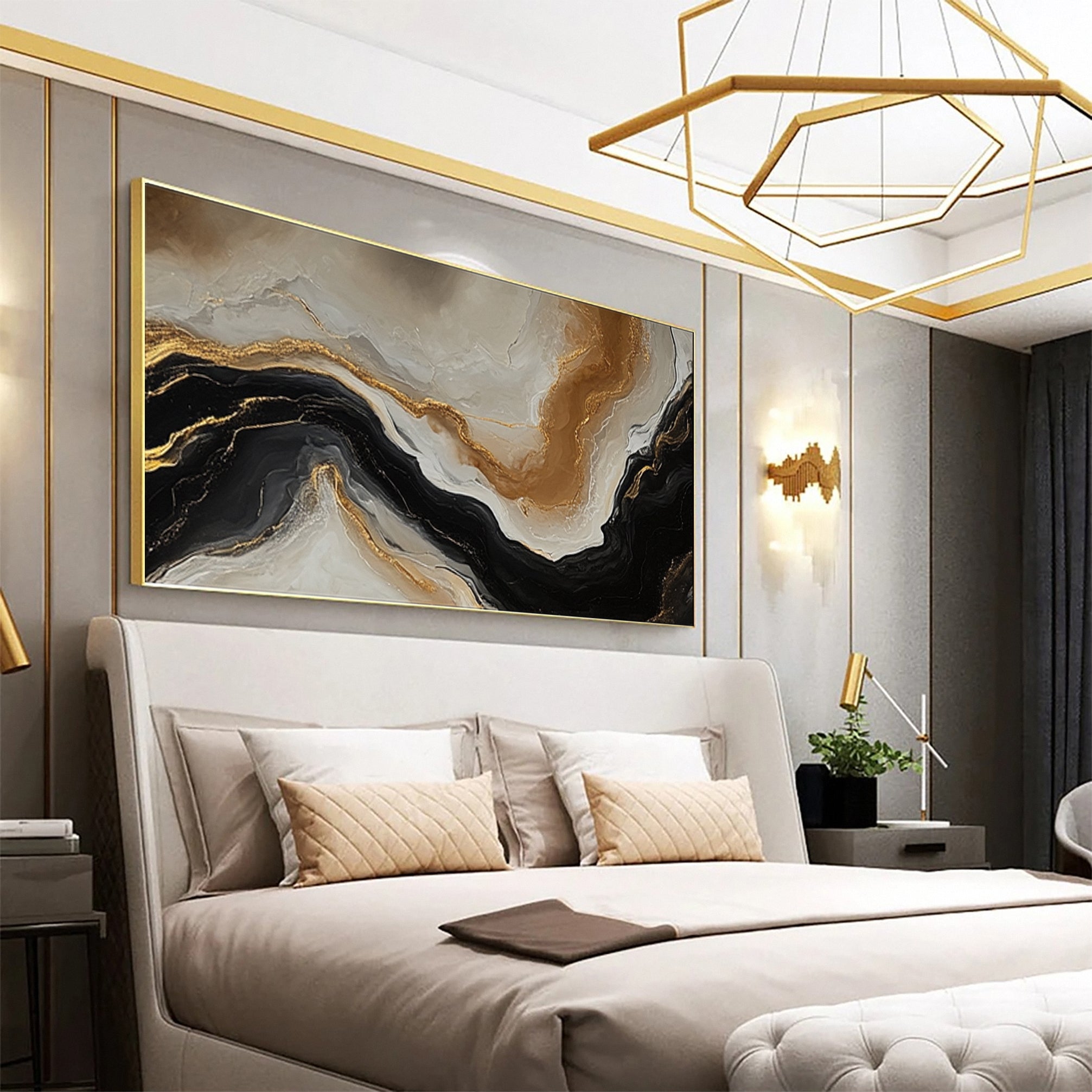 Large Beige & Black Abstract Wall Art For Living Room Decor #AP 056