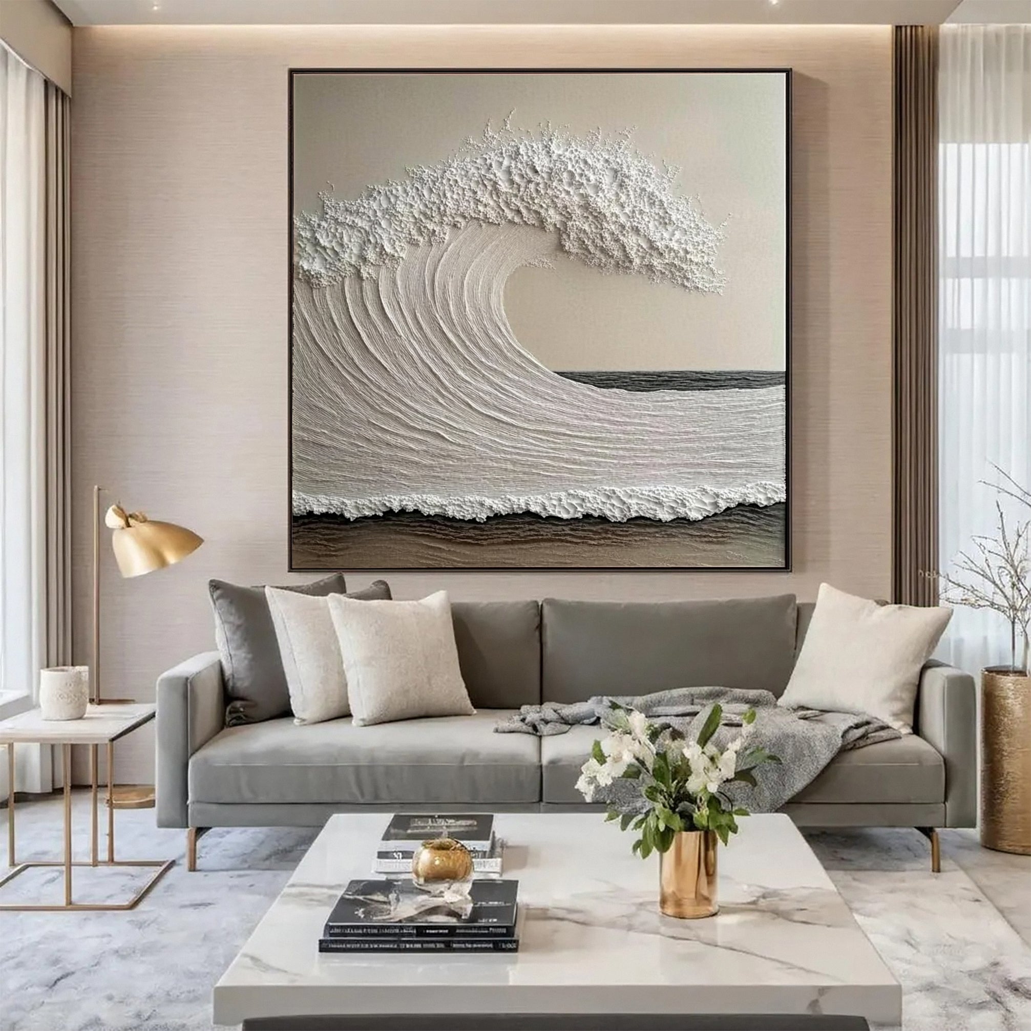 Neutral Toned Wave Large Ocean Textured Wall Art #OS 047