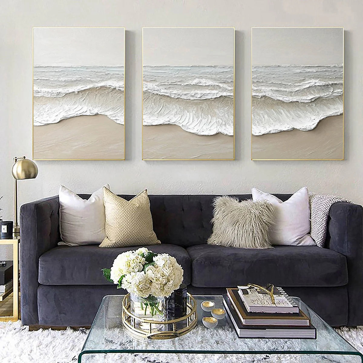 Large 3D Ocean Wave Canvas Art Neutral Modern Set of 3 #OP 067