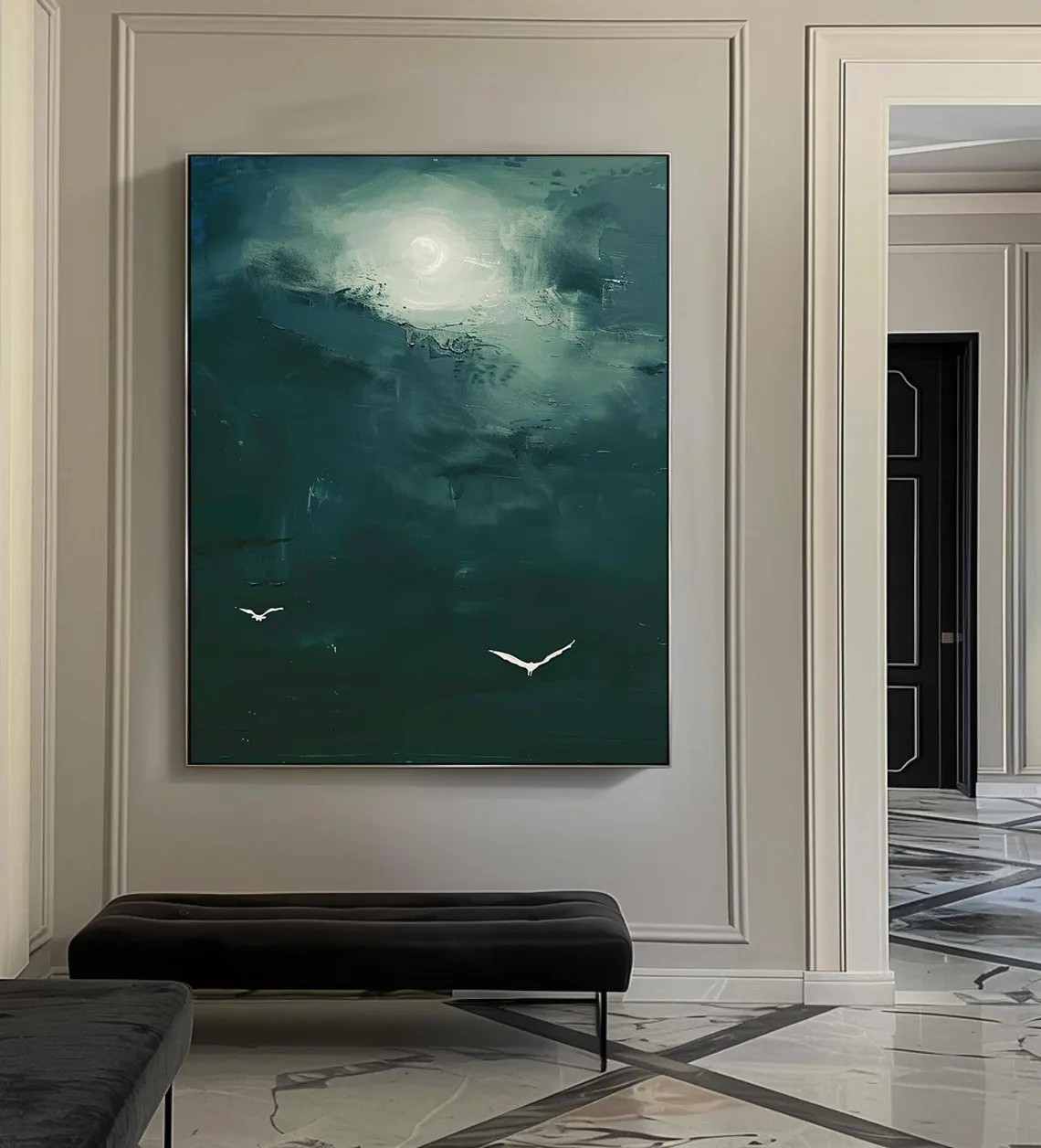 Moonlight & Birds Abstract Canvas Deep Green Wall Art #AP 077
