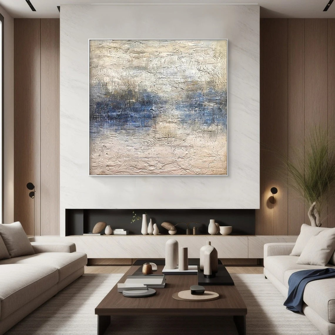 Large Abstract Canvas Art Blue and Beige Modern Wall Decor #AP 079