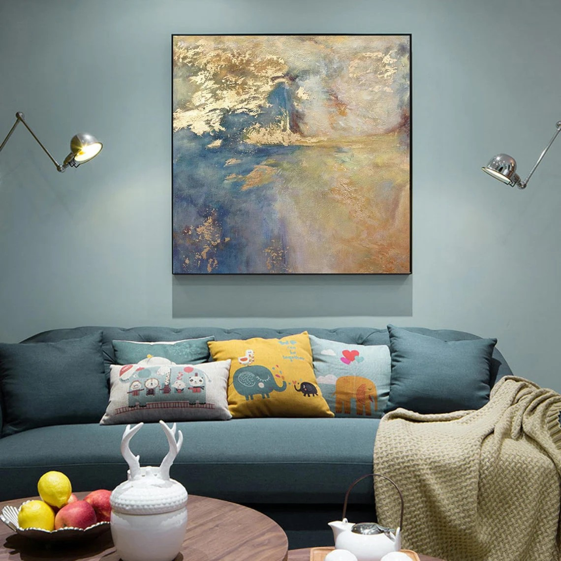 Modern Gold Accent Abstract - Blue Oil Painting