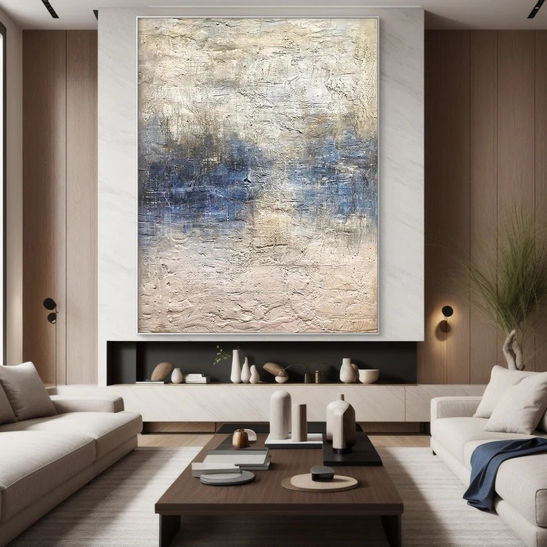 Large Abstract Canvas Art Blue and Beige Modern Wall Decor #AP 079
