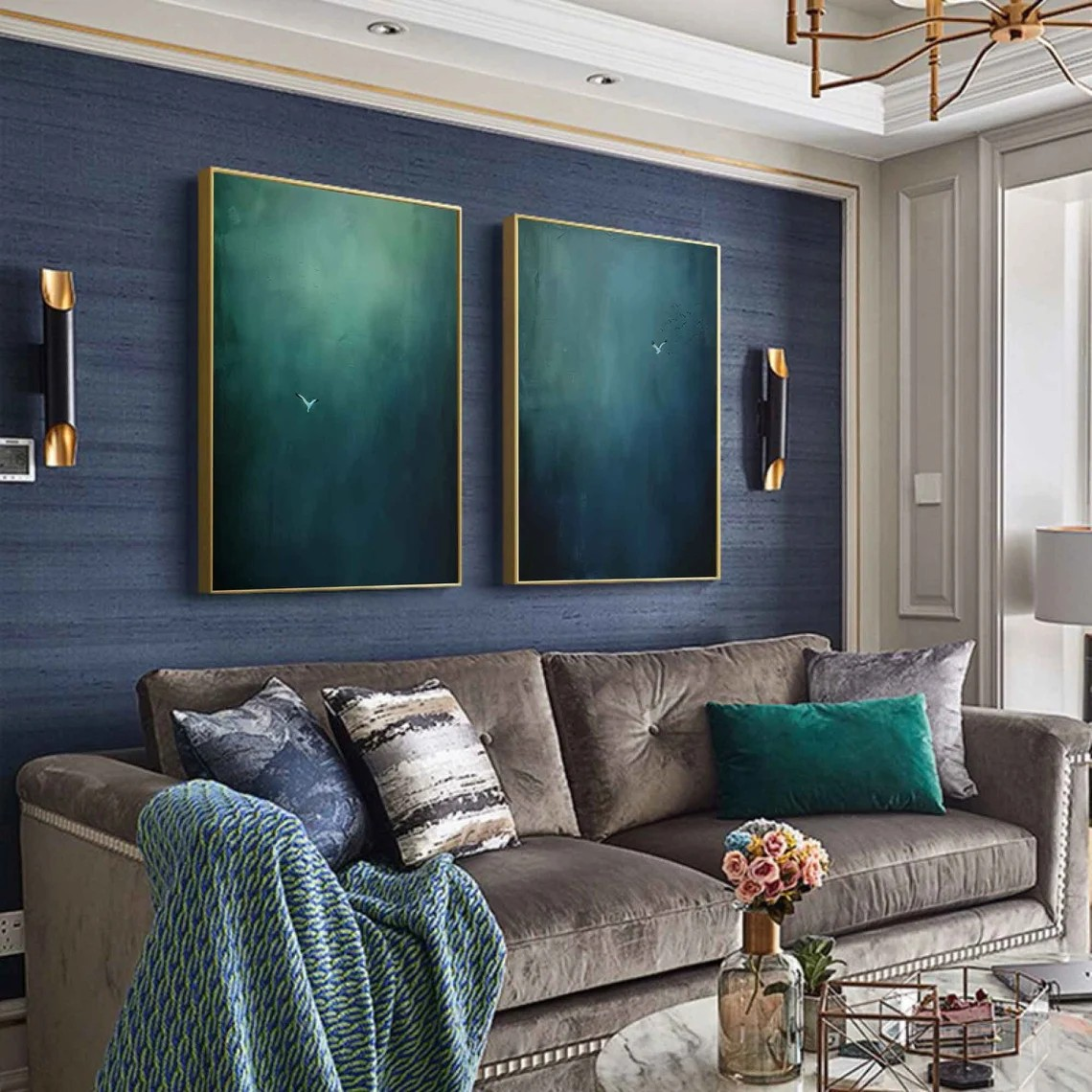 Surreal Bird Art Set of 2 Dreamlike Blue Green Abstract Paintings #OS 074
