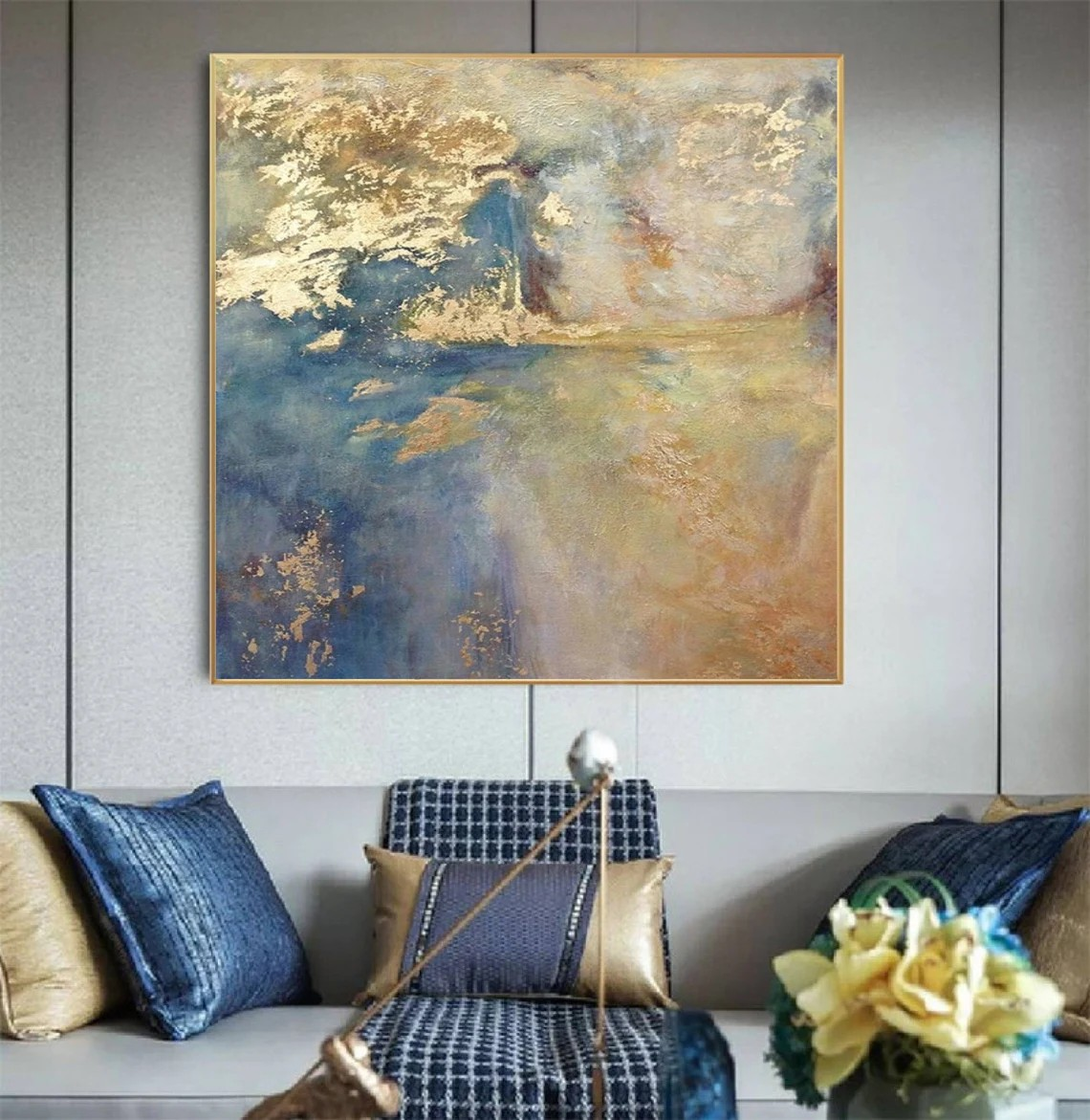 Large Modern Gold Accent Abstract - Blue Oil Painting #AP 115