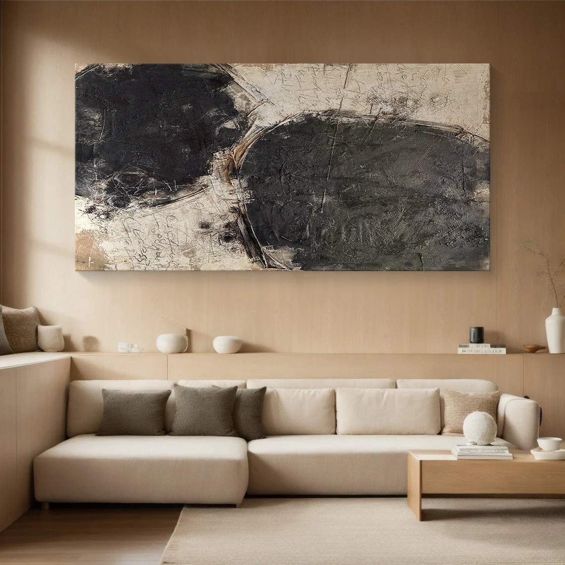 Large Black & Beige Abstract Art