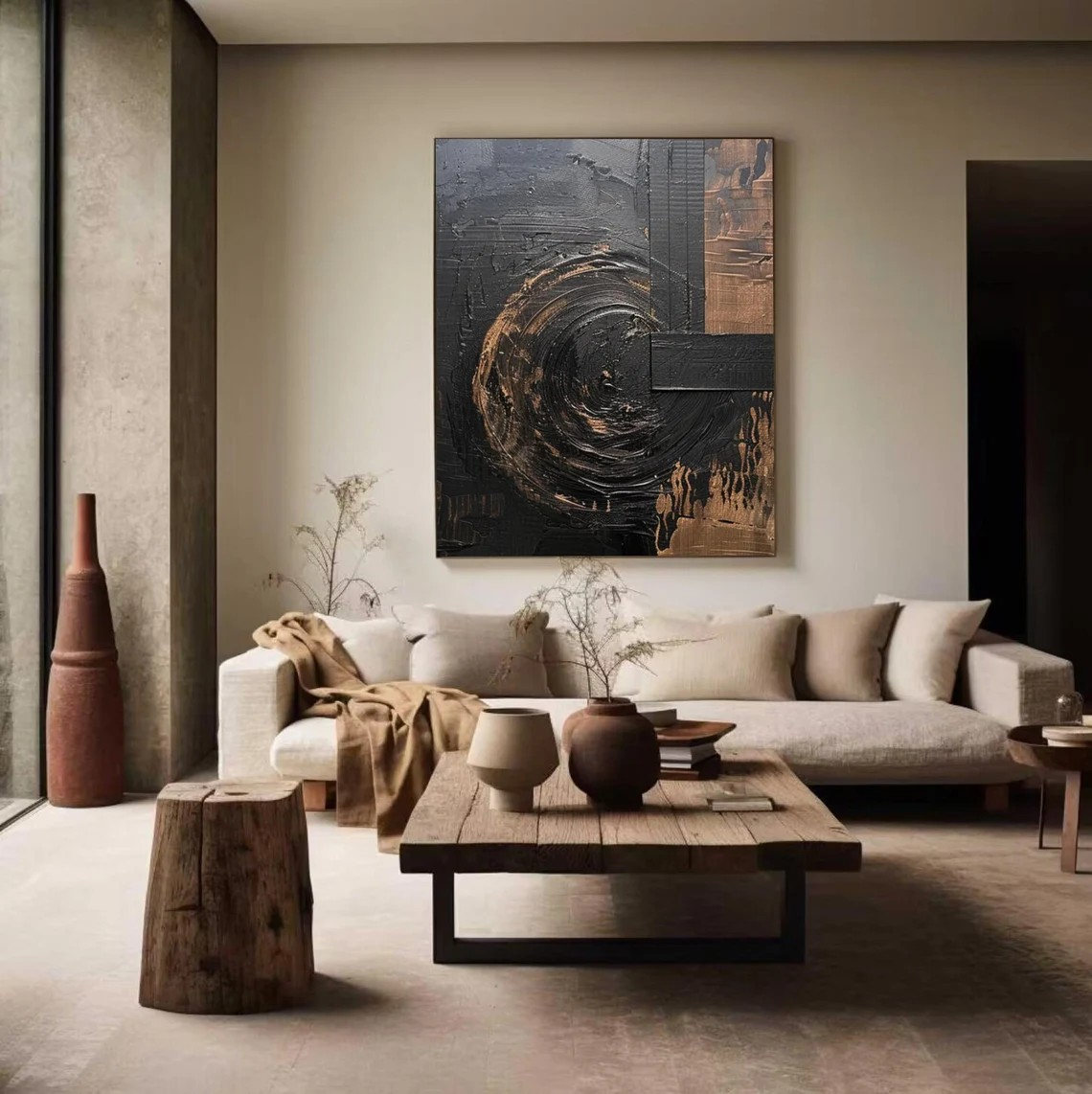 Wabi Sabi Textured Black Wall Art for Luxury Spaces #AP 093