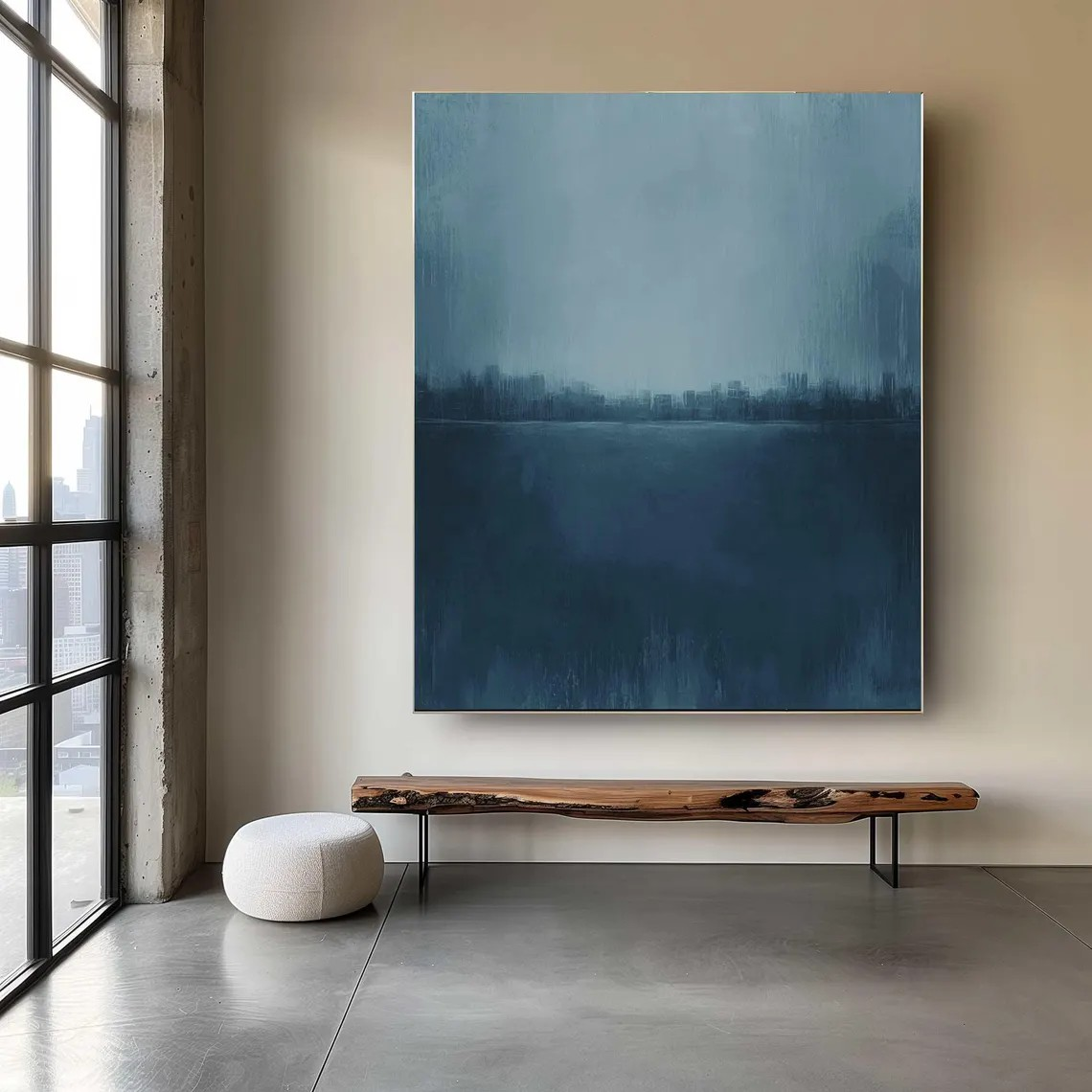 Serene Cityscape Painting Minimalist Blue Calming Wall Art #AP 083