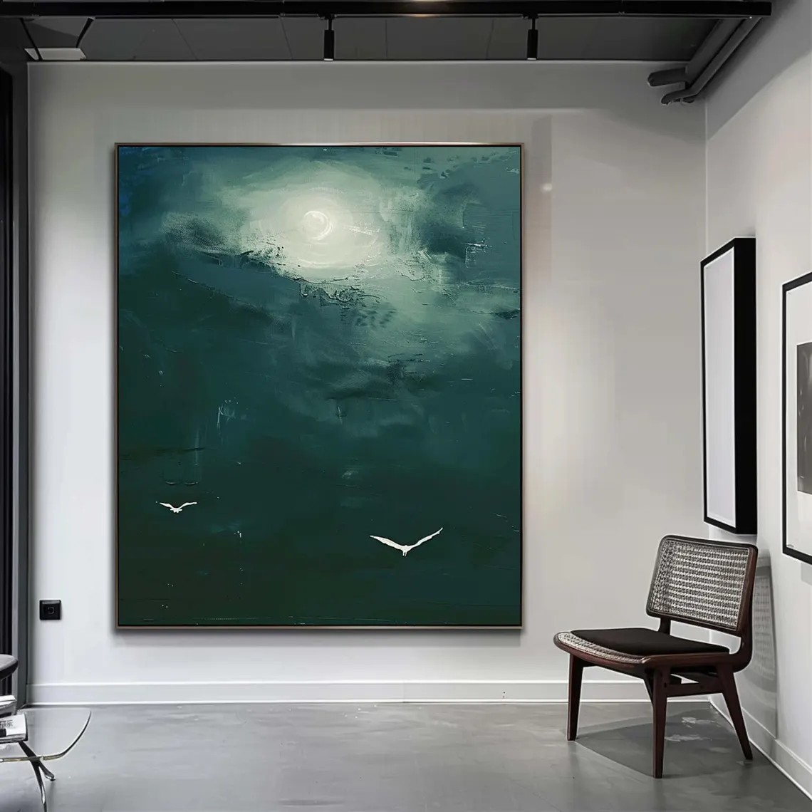 Moonlight & Birds Abstract Canvas Deep Green Wall Art #AP 077