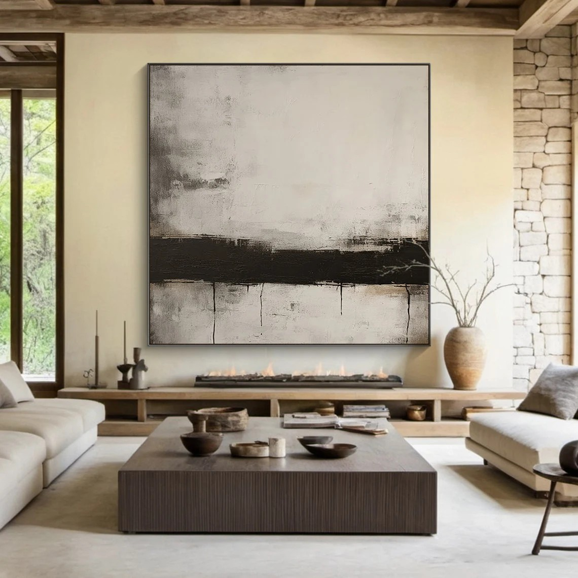 Black Stripe Abstract Painting - Large Horizontal Canvas Art #AP 109