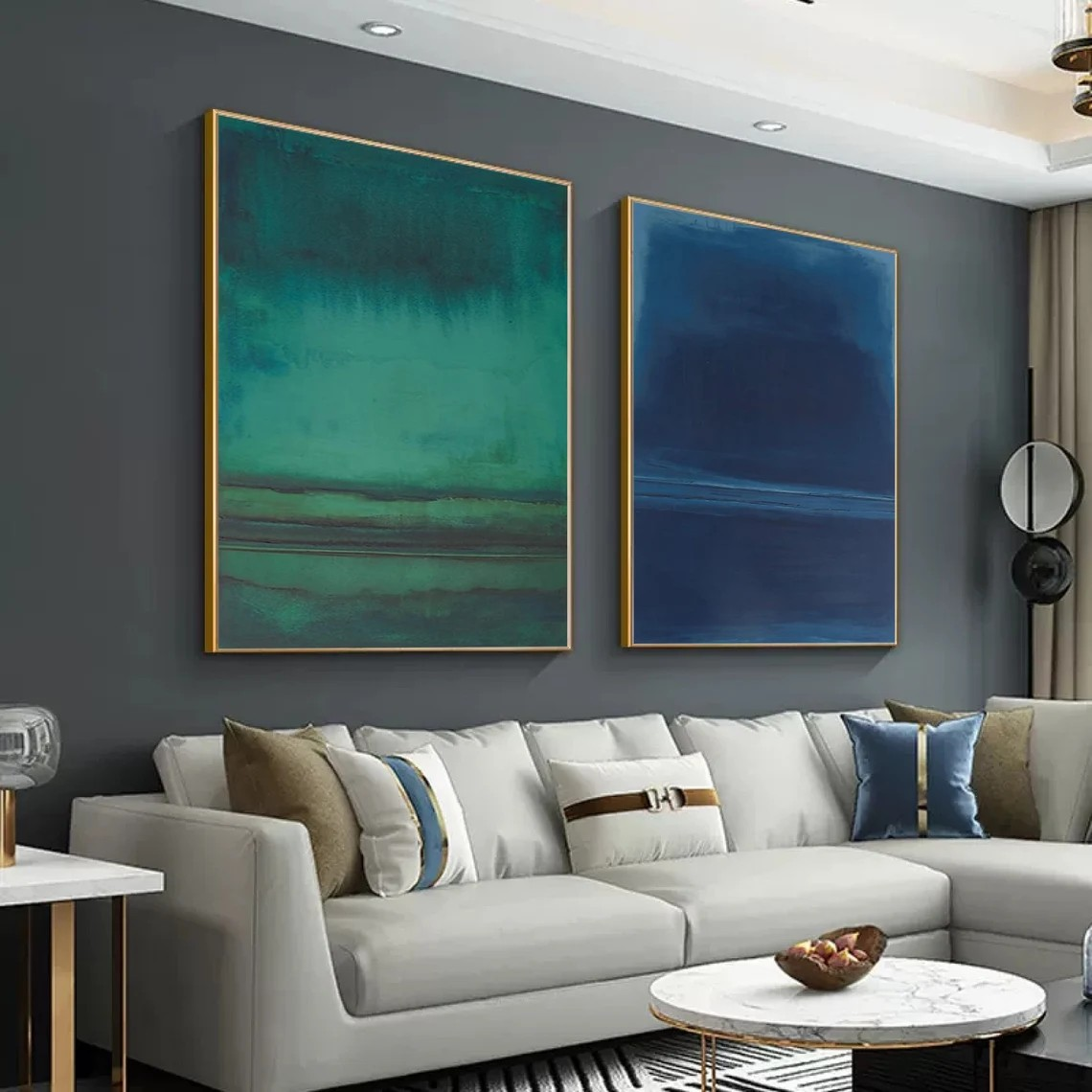 Teal and Navy Blue Abstract Art Set of 2 for Modern Wall Decor #AP 084