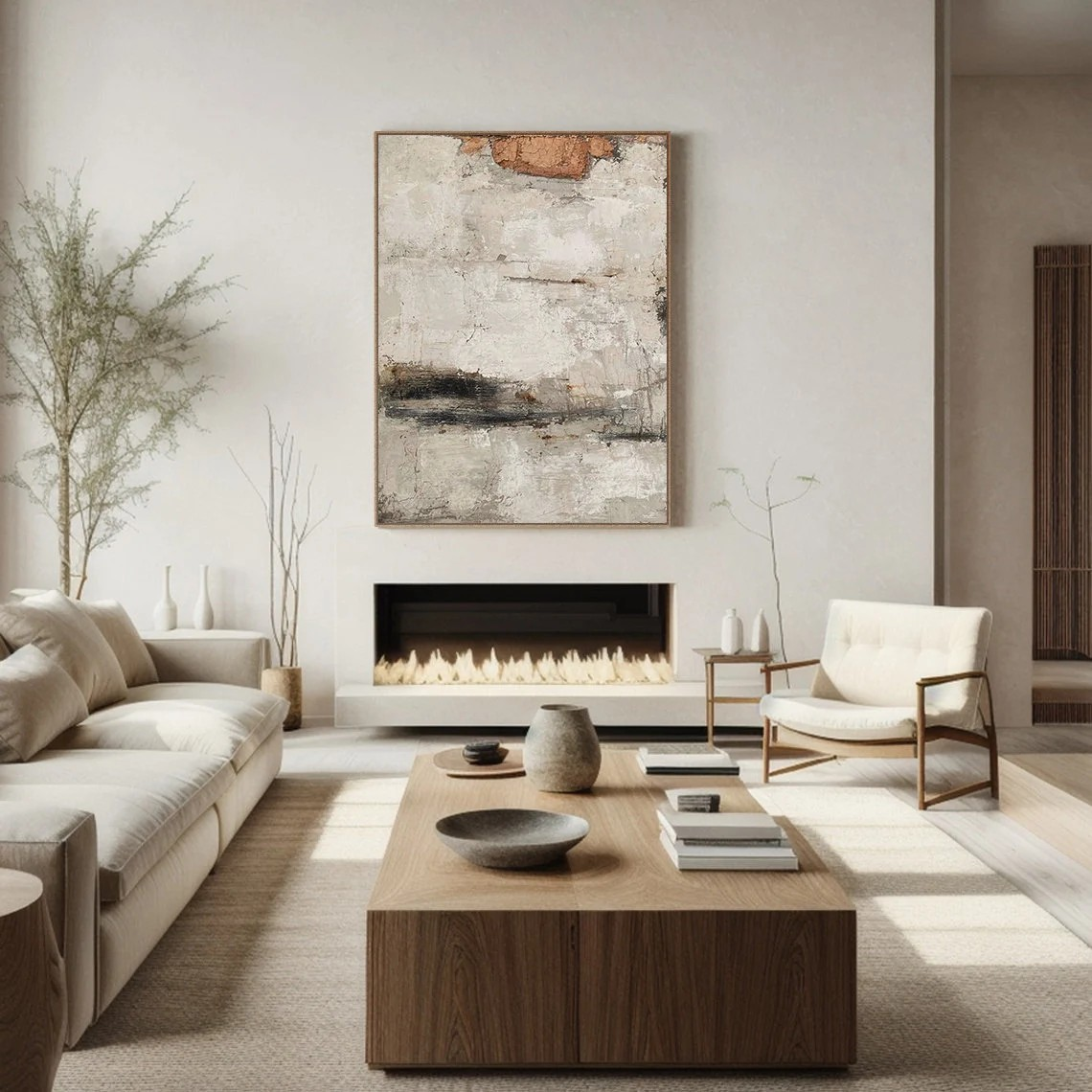 Large Beige Abstract Painting - Wabi Sabi Style Canvas Art #AP 108