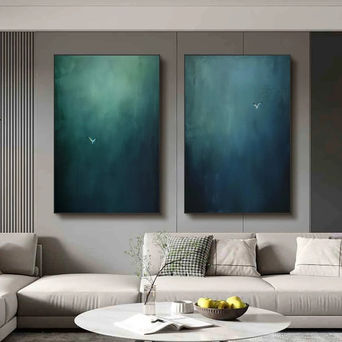 Surreal Bird Art Set of 2 Dreamlike Blue Green Abstract Paintings #OS 074