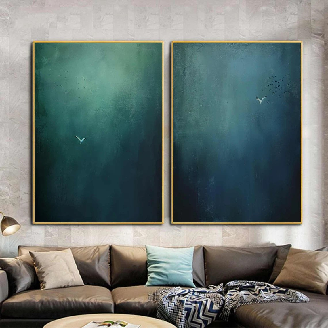 Surreal Bird Art Set of 2 Dreamlike Blue Green Abstract Paintings #OS 074