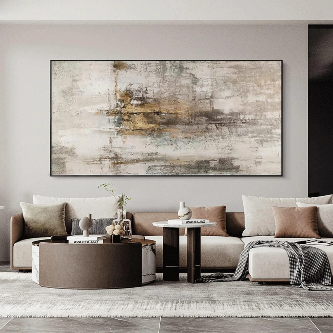 Large Modern Abstract Art in Beige & Gold Tones