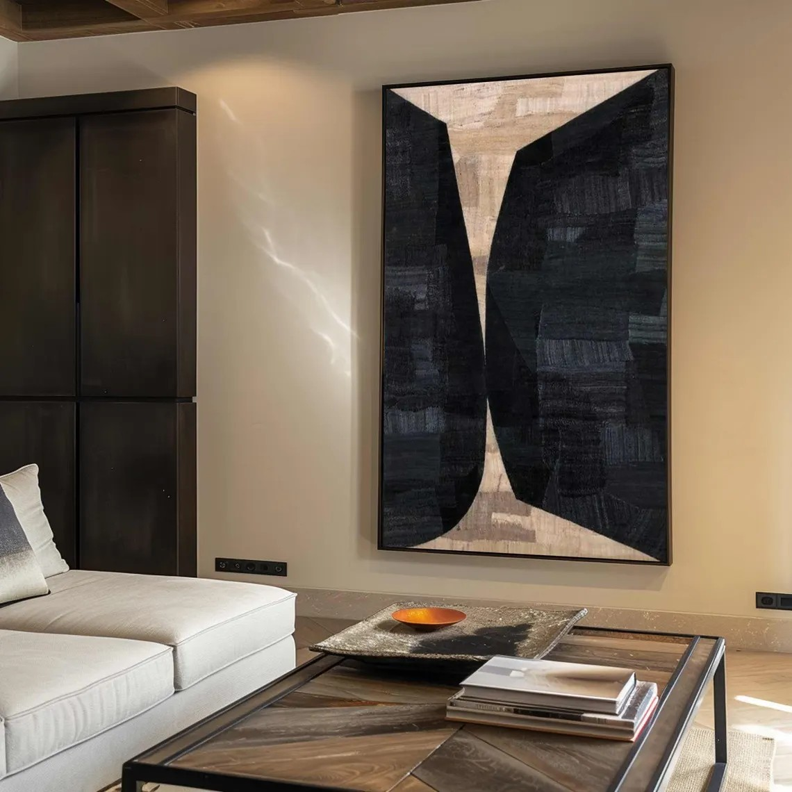 Geometric Abstract Painting Black and Beige Wall Art #AP 091