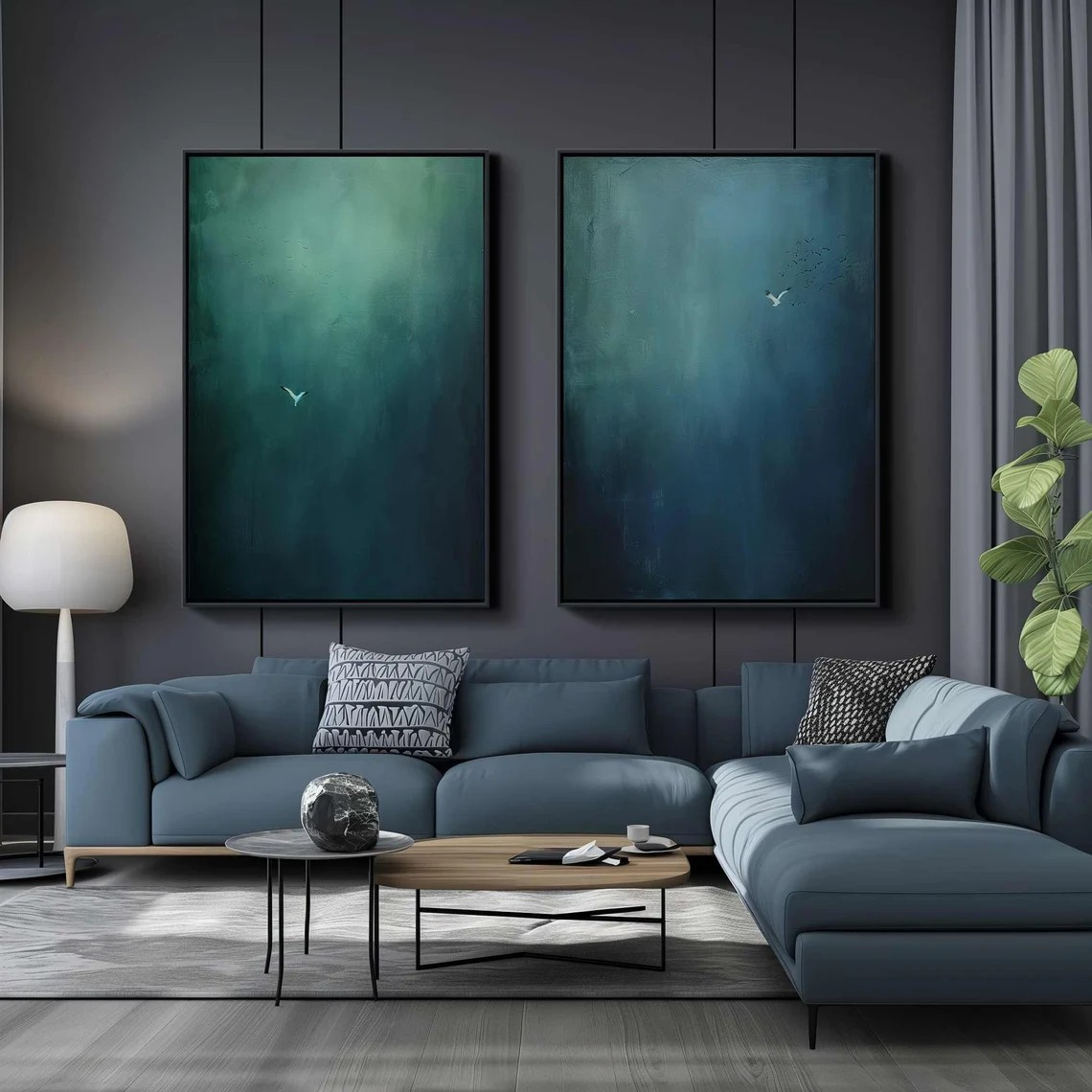 Surreal Bird Art Set of 2 Dreamlike Blue Green Abstract Paintings #OS 074