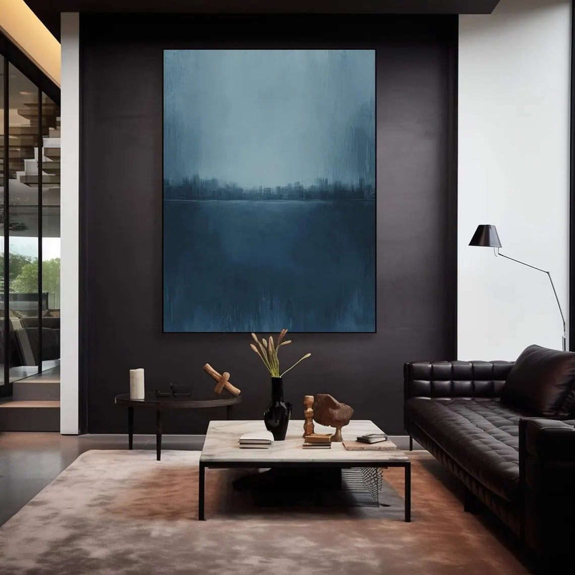 Serene Cityscape Painting Minimalist Blue Calming Wall Art #AP 083