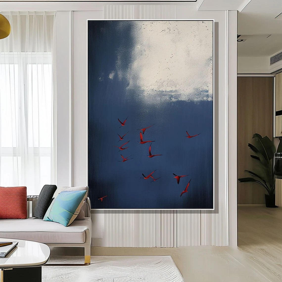 Red Birds in Blue Sky – Elegant Abstract Wall Decor #OS 076
