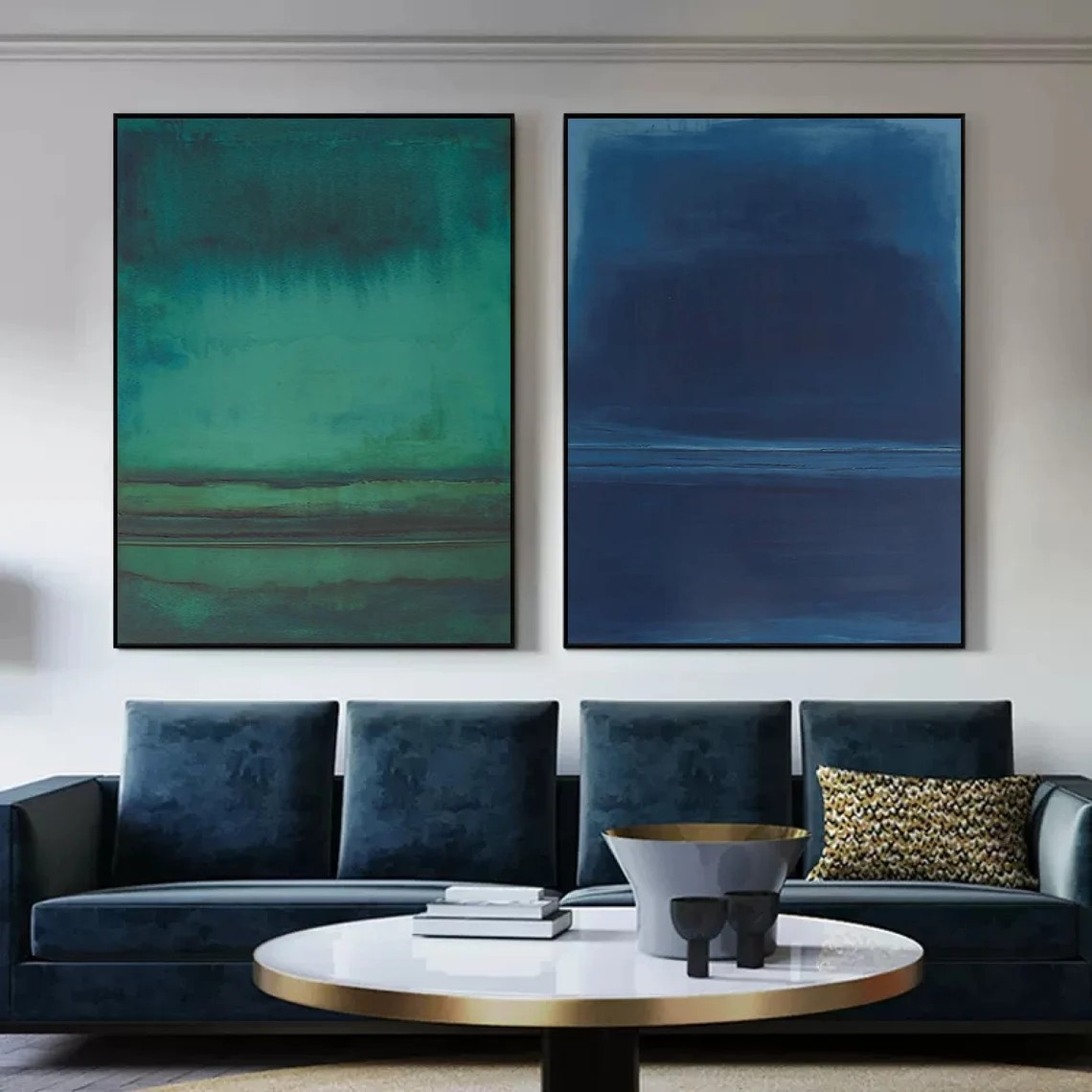 Teal and Navy Blue Abstract Art Set of 2 for Modern Wall Decor #AP 084