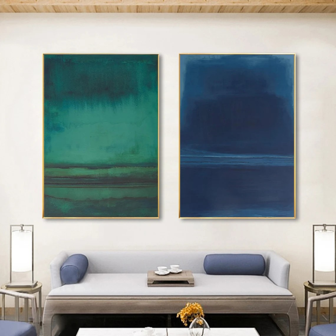 Teal and Navy Blue Abstract Art Set of 2 for Modern Wall Decor #AP 084