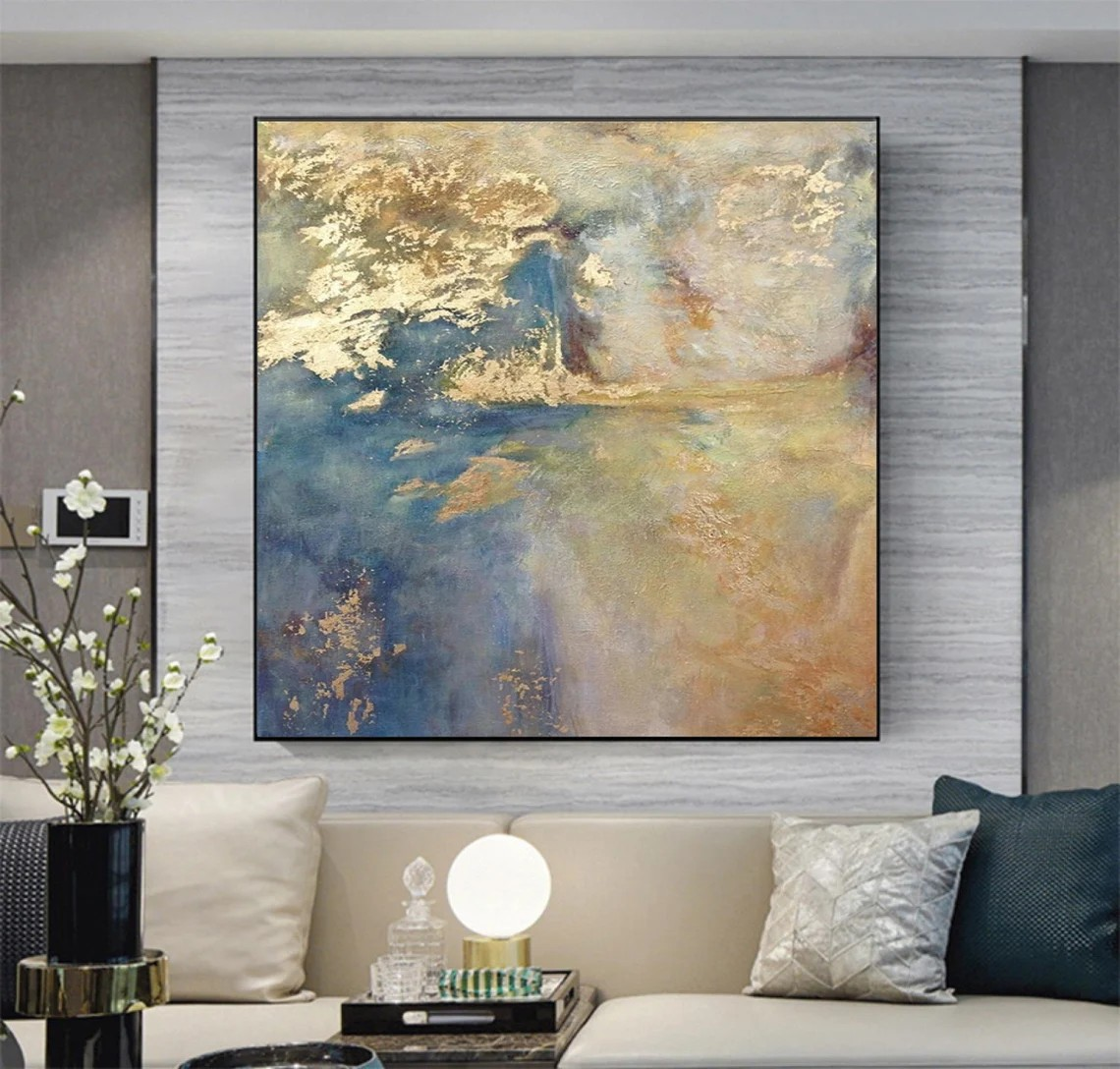Large Modern Gold Accent Abstract - Blue Oil Painting #AP 115