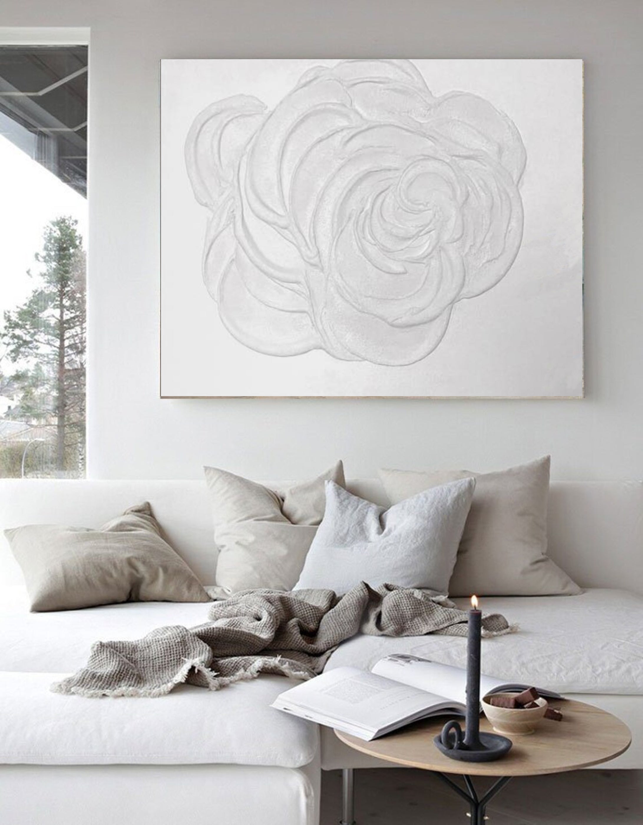 Large White Textured Rose Wall Art | Minimalist Floral Canvas #MMA 043