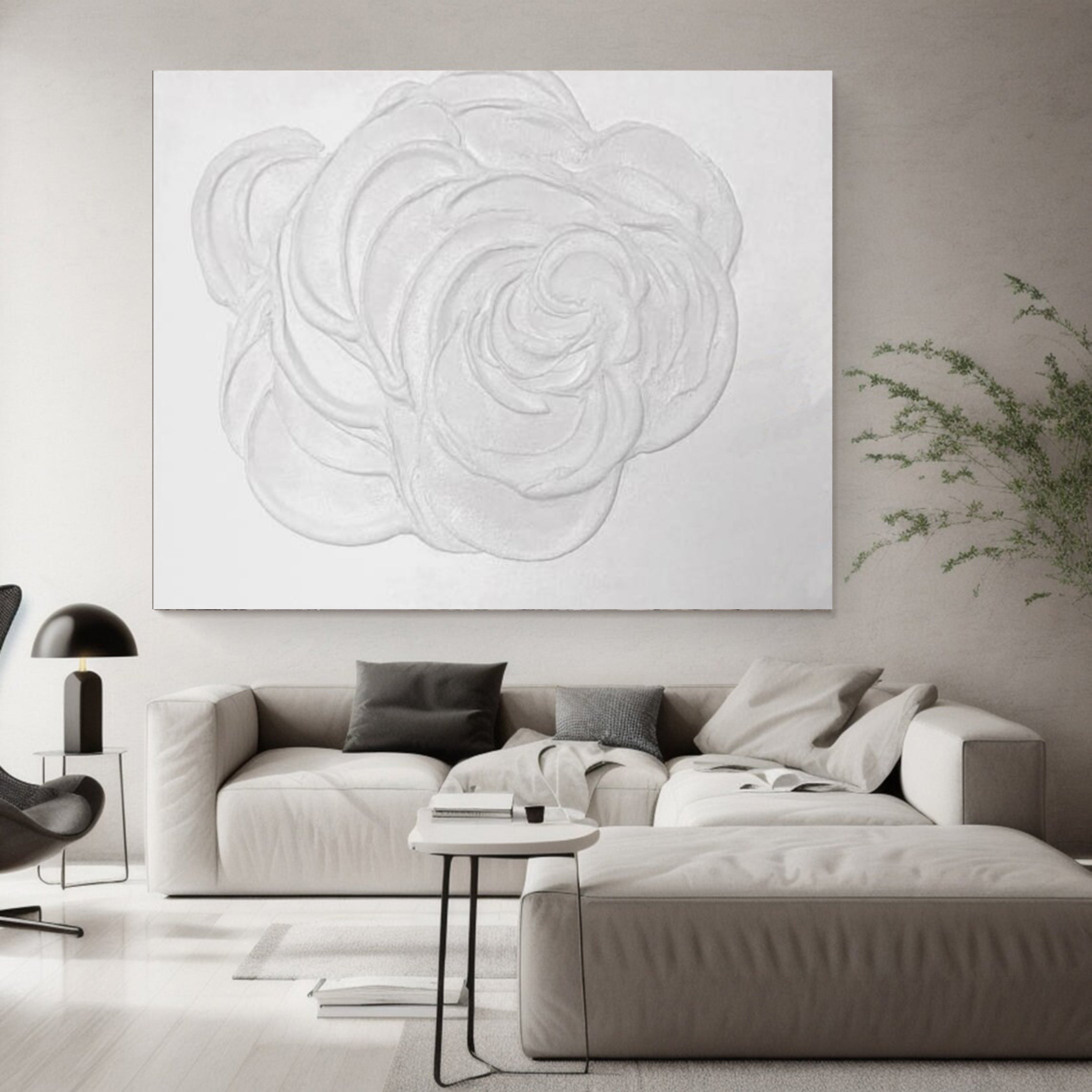 Large White Textured Rose Wall Art | Minimalist Floral Canvas #MMA 043